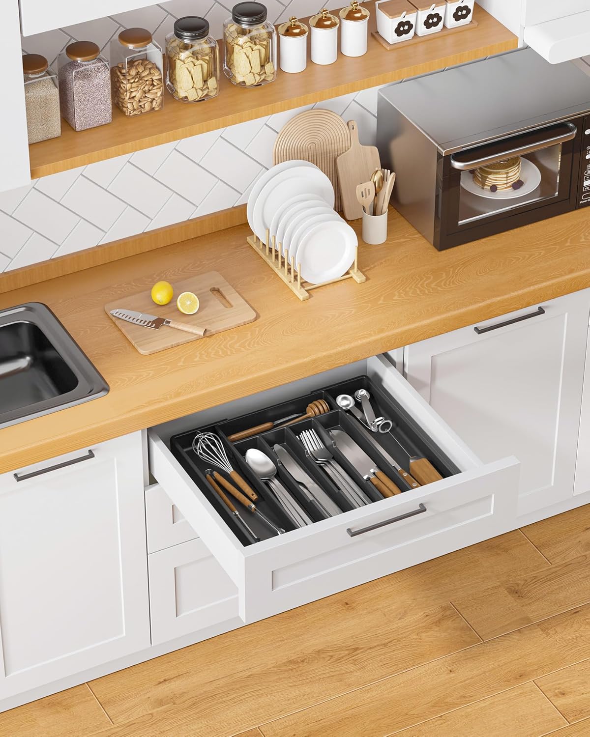 Kitsure Silverware Organizer for Drawers - Expandable Cutlery and Utensil Drawer Organizer with Easy Maintenance, Premium PP Kitchen Organizers and Storage for Flatware, Black, 13.2" x 12.2" x 1.6"