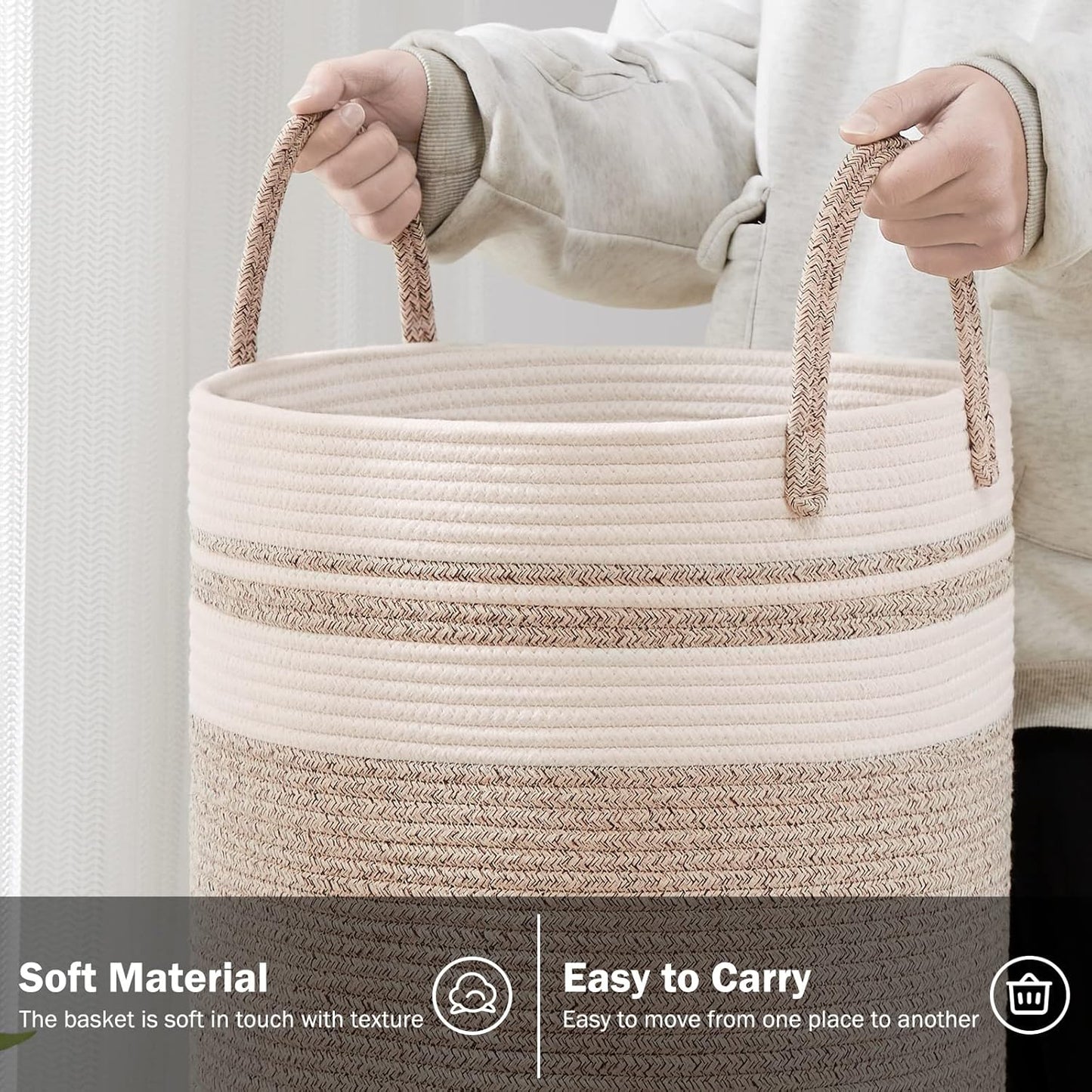 YOUDENOVA Woven Rope Laundry Hamper Basket, 72L Tall Luandry Basket, Baby Nursery Hamper for Blanket Storage, Clothes Hamper for Laundry in Bedroom-Large-Brown
