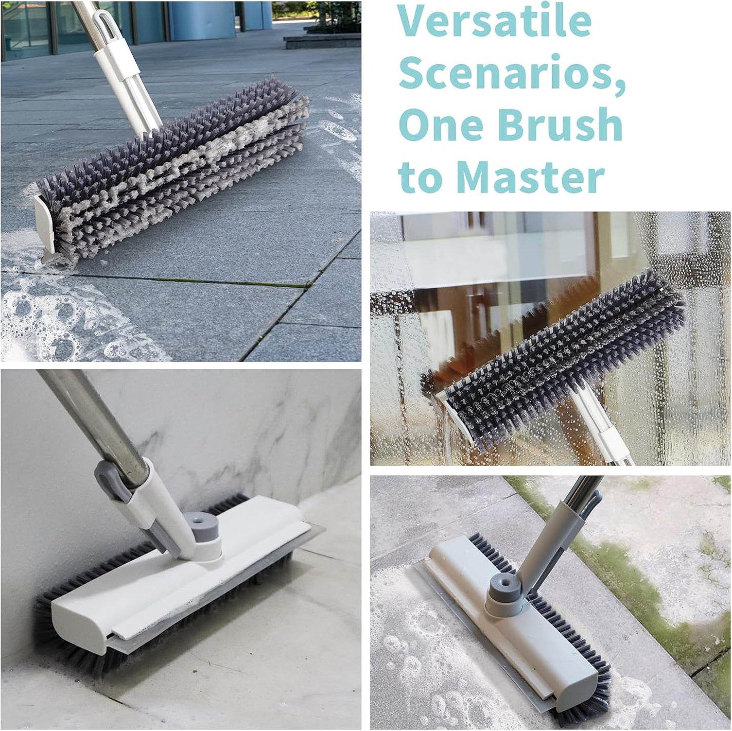 Floor Scrub Brush with Long Handle, 3 in 1 Scrape and Heavy-Duty Stiff Bristle Scrubber Brush for Cleaning Shower Bathroom, Patio, Garage, Kitchen, Wall and Deck (White, 2 Pack)