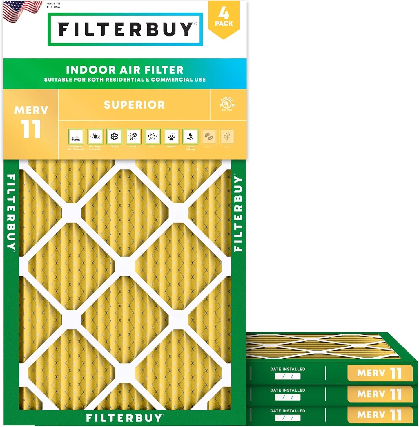 Filterbuy 16x36x1 Air Filter MERV 11 (MPR 1200) Allergen Defense Replacement (4-Pack), Electrostatic Pleated HVAC AC Furnace Filters, Made in USA (Actual Size: 15.75 x 35.75 x 0.75)