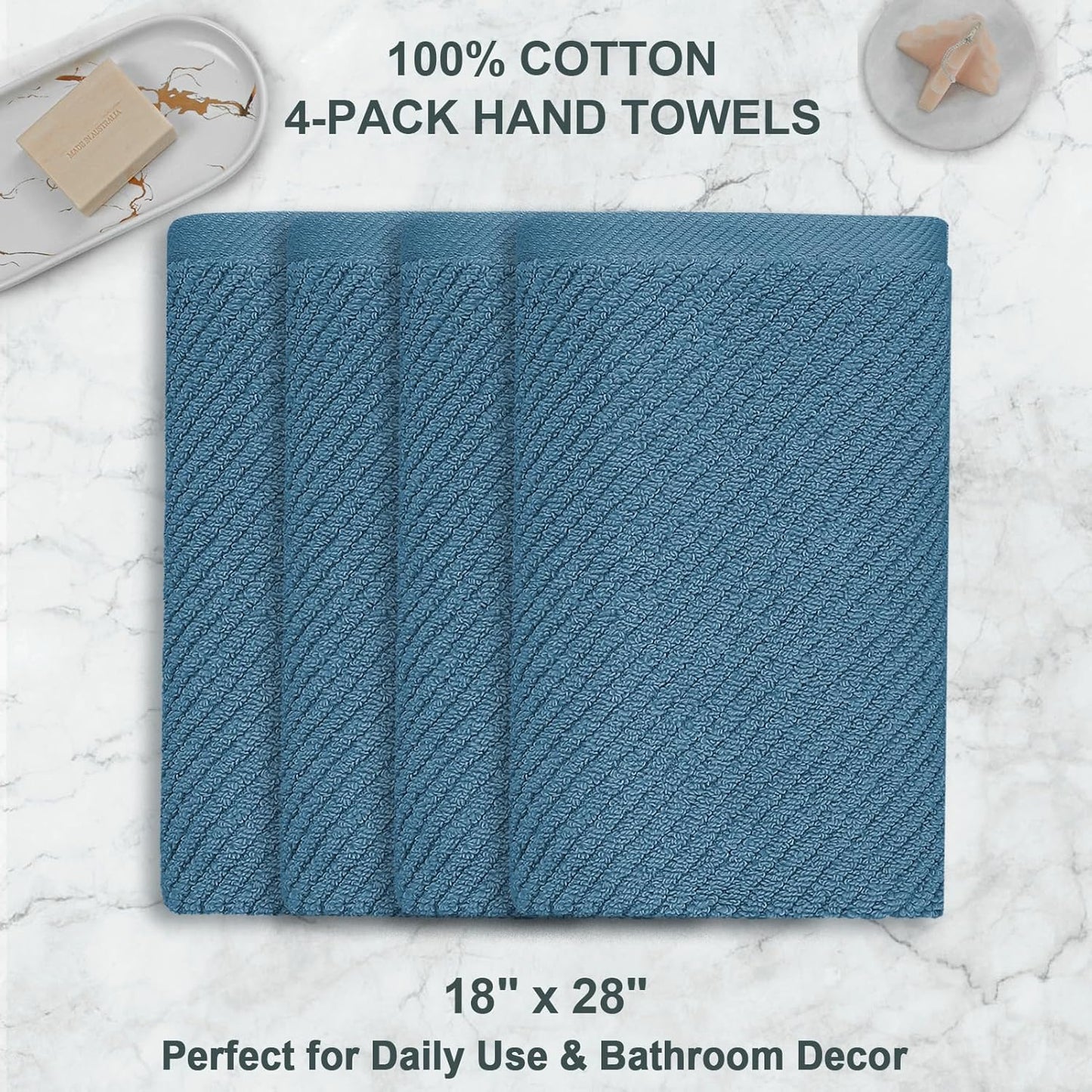 VOOVA & MOVAS Hand Towels for Bathroom Set of 4, Large 18" x 28", 100% Cotton | Lightweight | Thick | Quick Dry | Soft | Absorbent, Bath Hand Towels for Bathroom, Towel Gift Set, Dark Blue