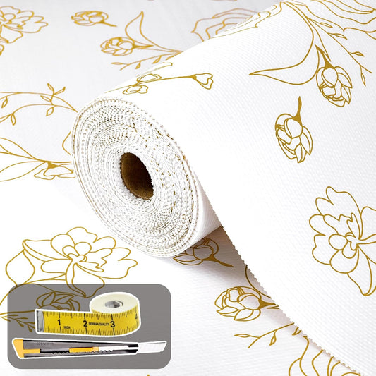 Shelf Liners for Kitchen Cabinets 12in x 30FT Non Adhesive Drawer Liner Gold Floral Thickened Shelf Liner Paper Strong Non-Slip Easy to Clean for Tool Box Refrigerator with Knife and Tape Measure