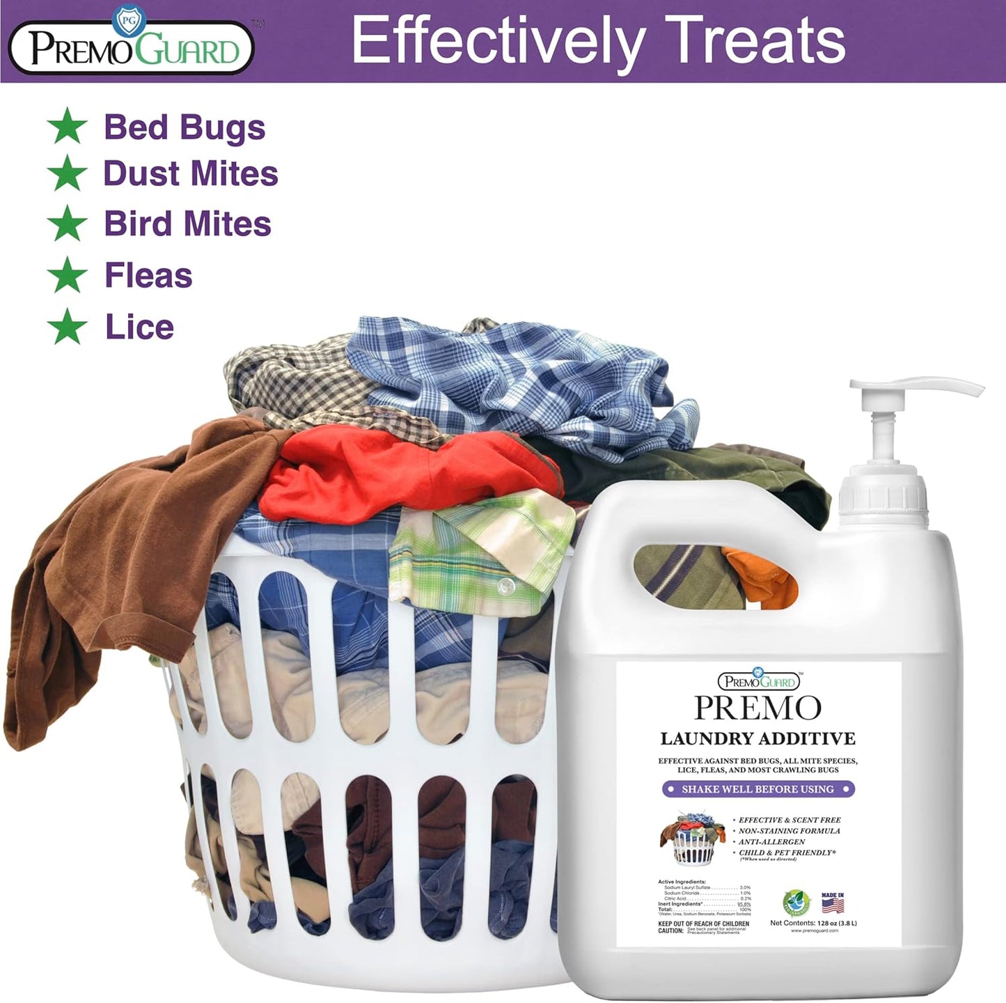 Premo Guard Bed Bug, Mite & Lice Laundry Detergent Additive 64 oz – Child & Pet Friendly – Stain & Odor Free – Best Natural Non-Toxin Treatment