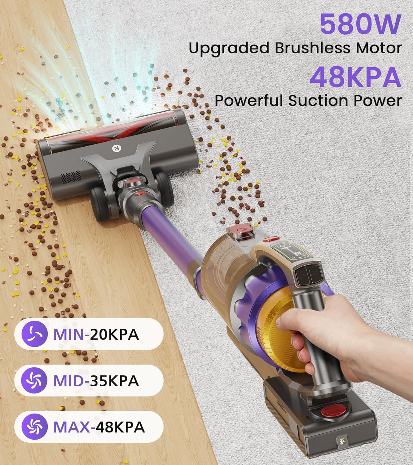 NADALY Cordless Vacuum Cleaner, 2025 New 580W 48KPA 65Mins Stick Vacuum Cordless Rechargeable, Anti-Tangle, Lightweight, Self-Standing Vacuum Cleaners for Home, Vacuum for Pet Hair/Carpet/Hard Floor