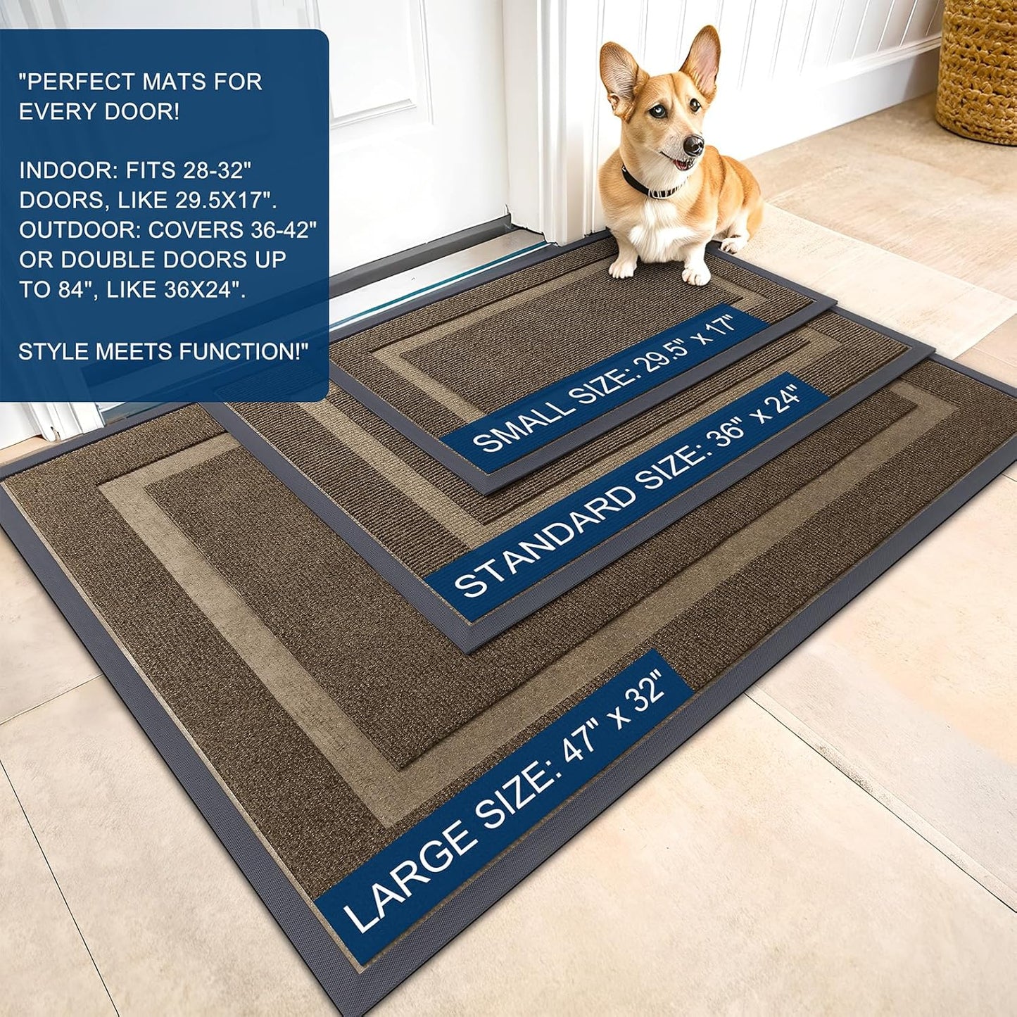 OLANLY Front Door Mat Indoor Outdoor Entrance, Waterproof All-Season, All-Weather Doormat, Sturdy Natural Rubber, Fade Resistant, Low Profile, Easy Clean Patio Porch Entryway Mat, 47x24, Brown