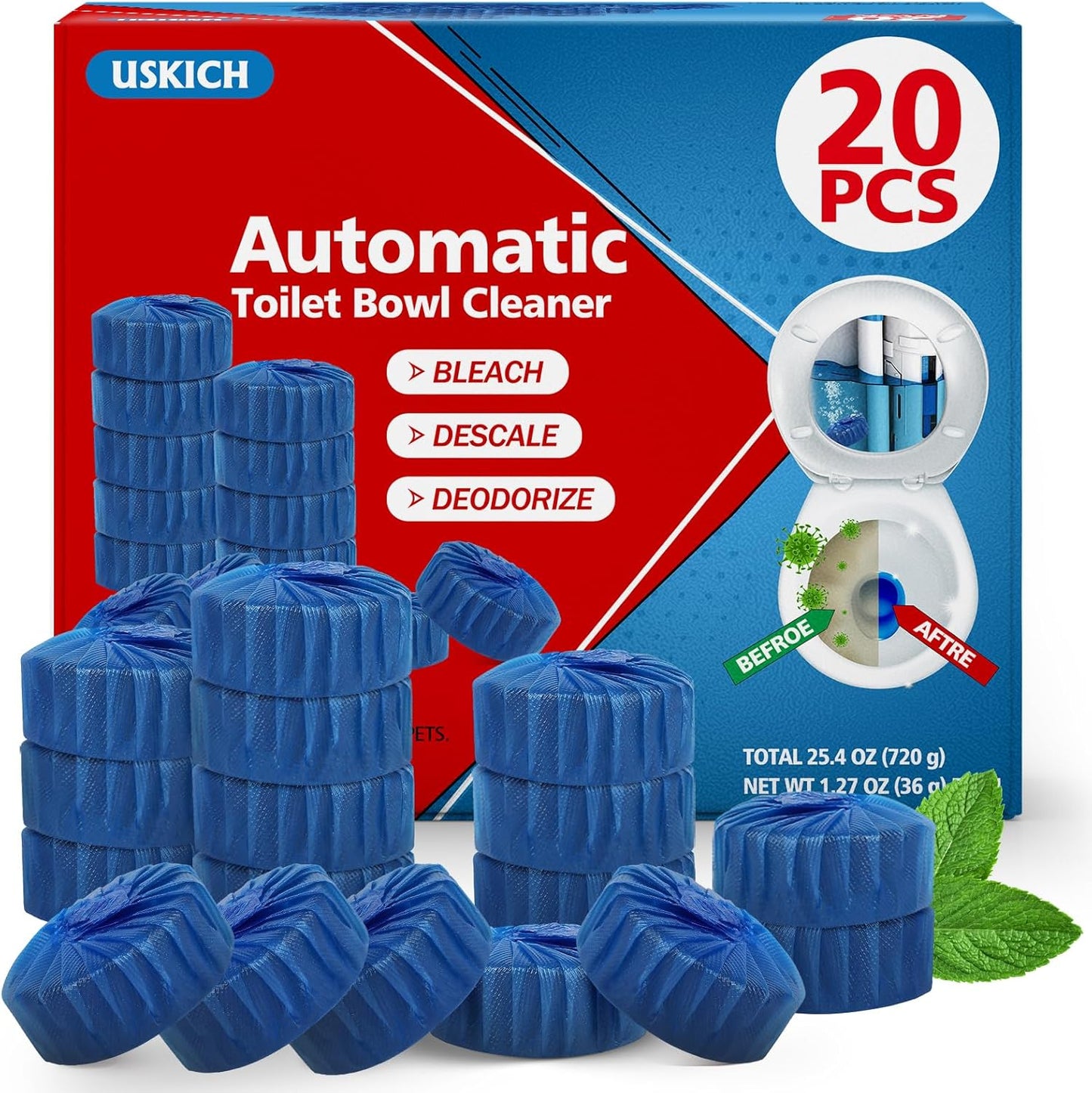 USKICH 20 Pack Toilet Bowl Cleaner Tablets,Blue Automatic Toilet Tank Cleaners, Long-Lasting Household Toilet Cleaners,Toilet flush Cleaning & Deodorizer