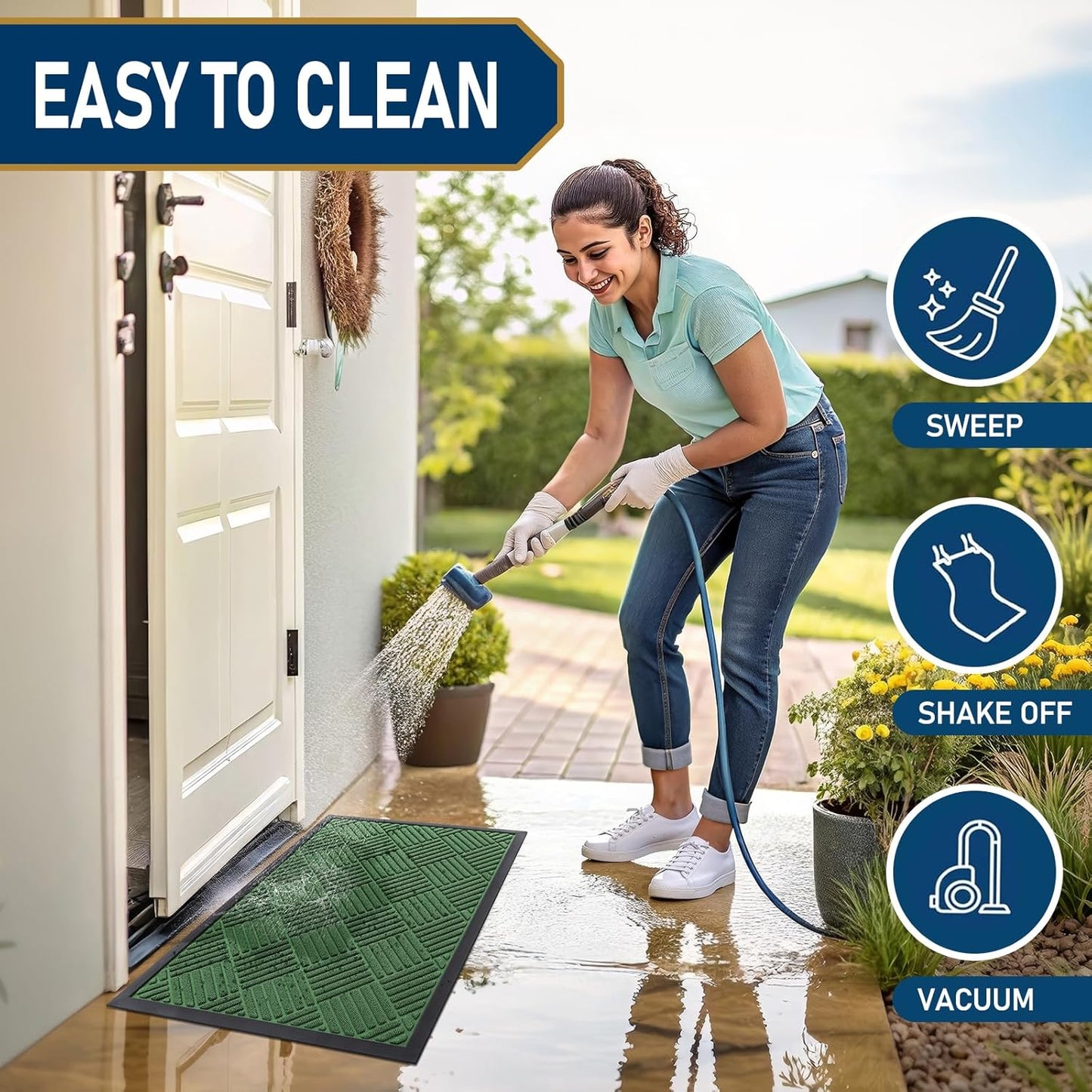 Smiry Front Door Mat Outside Entrance, Heavy Duty Outdoor Indoor Natural Rubber Doormat, Non Slip, Trap Dirt and Moisture, Easy Clean, Low Profile Patio Porch Entryway Mat, 59x23, Green