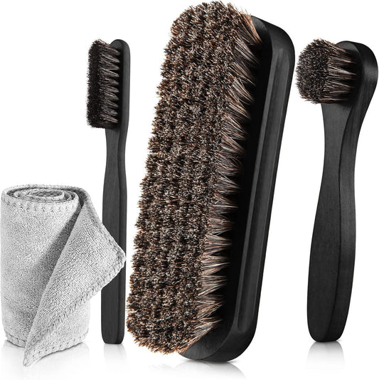 4 Pcs Horsehair Shine Shoes Brush Kit Polish Dauber Applicators Cleaning Leather Shoes Boots Care Brushes Suede Cleaner Brush with Microfiber Shoe Cloth(4 Pcs Black D)