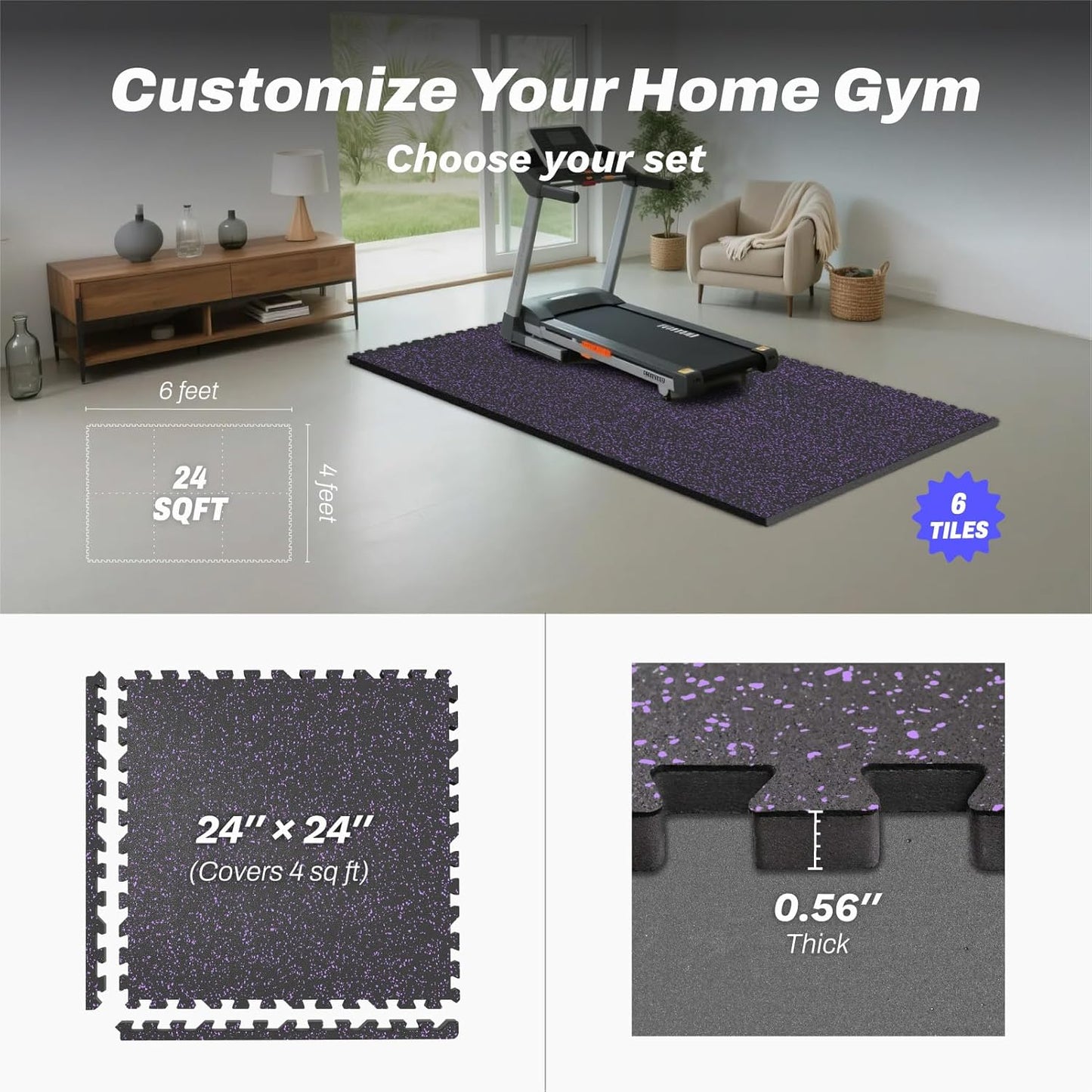 AIRHOP 0.56in Thick 24 Sq Ft Exercise Equipment Mats, 6 Tiles Upgraded Rubber Top with High Density EVA Foam, Large Interlocking Puzzle Gym Flooring for Home Gym, Heavy Weight Workout, 24 x 24in