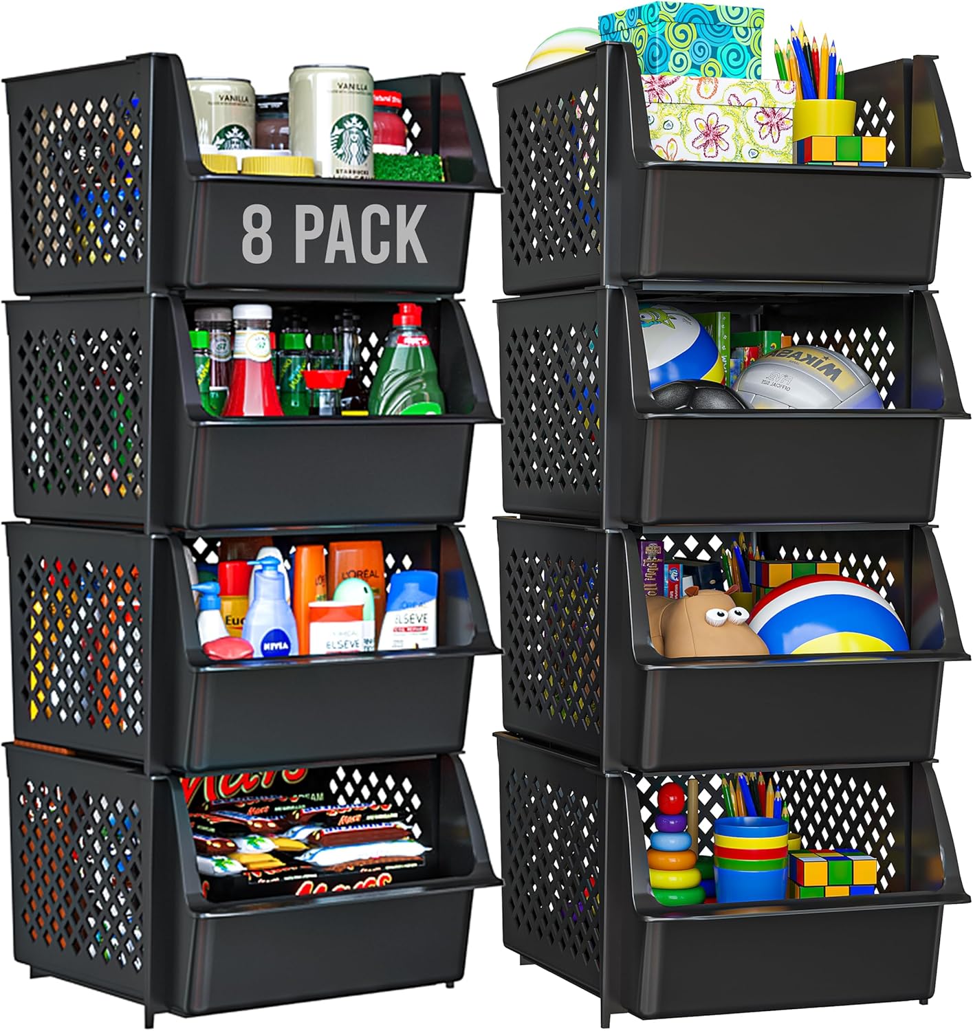 TidyFriend Plastic Stackable Storage Bins for Pantry - 8 Pack Stackable Bins For Organizing Food, Kitchen, and Bathroom Essentials (Black)