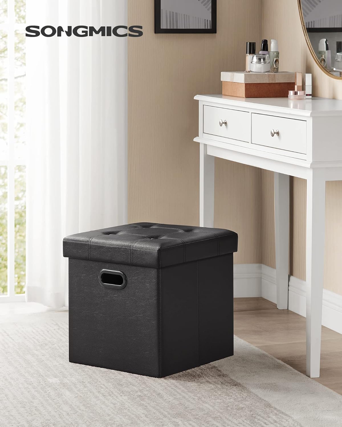 SONGMICS MAZIE Collection - 15 Inches Ottoman with Storage, Footstool, Storage Ottoman with Metal Grommet Handles, Load 660 lb, for Dorm, Living Room, Bedroom, Synthetic Leather, Black ULSF30B