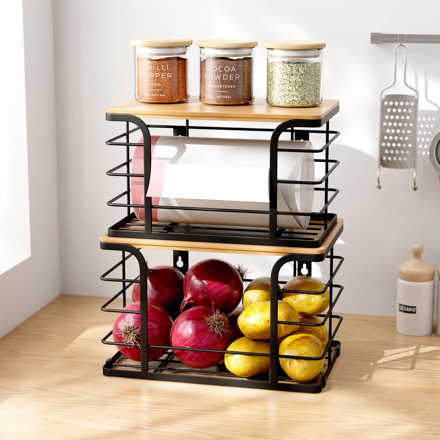 2 Pack Extra Large Stackable Pantry Organizers and Storage,Wall Mount Trash Bag Holder Dispenser with Bamboo Top for Kitchen Laundry Room Organization,Black