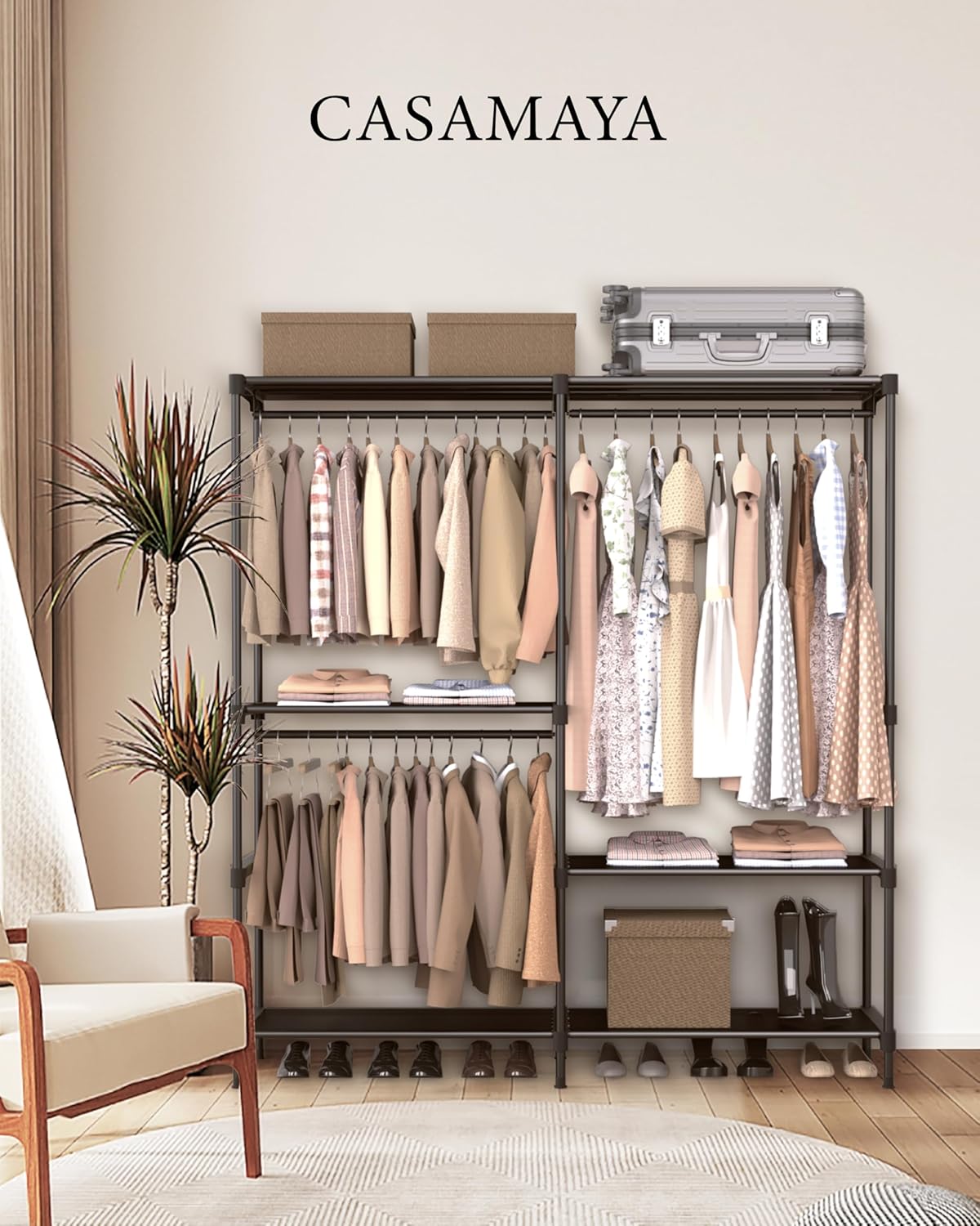 Clothes Rack, Portable Closet, 54.3 Inch Large Capacity Wardrobe Closet, Clothes Storage Organizer with Shelves and 3 Hanging Rods, Easy to Assembly, Black PCT022B01