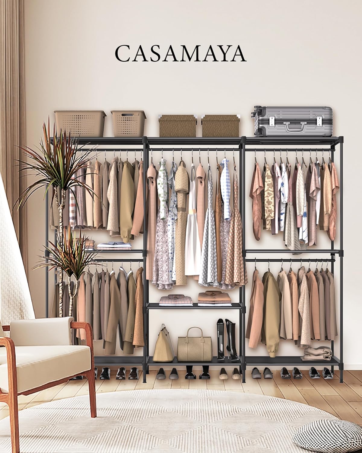 Clothes Rack, Portable Closet, 80.7 Inch Extra Large Capacity Wardrobe Closet, Clothes Storage Organizer with Shelves and 5 Hanging Rods, Easy to Assembly, Black PCT036B01