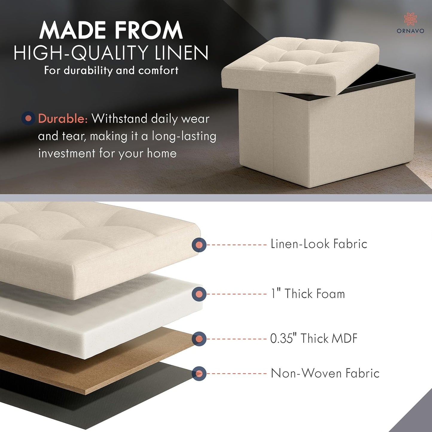 Ornavo Home Small Storage Ottoman Foldable Collapsible Rectangle Linen Ottoman Foot Rest Stool Seat, for Living Room, Bedroom, Home Office, Dorm - 12 x 16 x 12, Beige