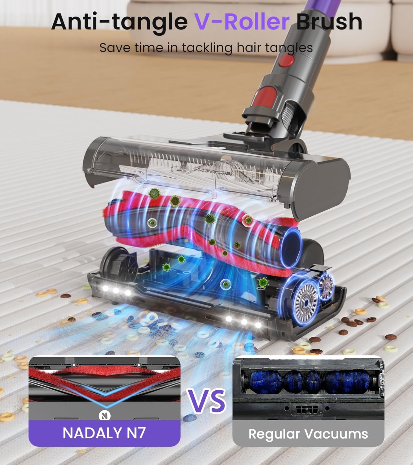 NADALY Cordless Vacuum Cleaner, 2025 New 580W 48KPA 65Mins Stick Vacuum Cordless Rechargeable, Anti-Tangle, Lightweight, Self-Standing Vacuum Cleaners for Home, Vacuum for Pet Hair/Carpet/Hard Floor