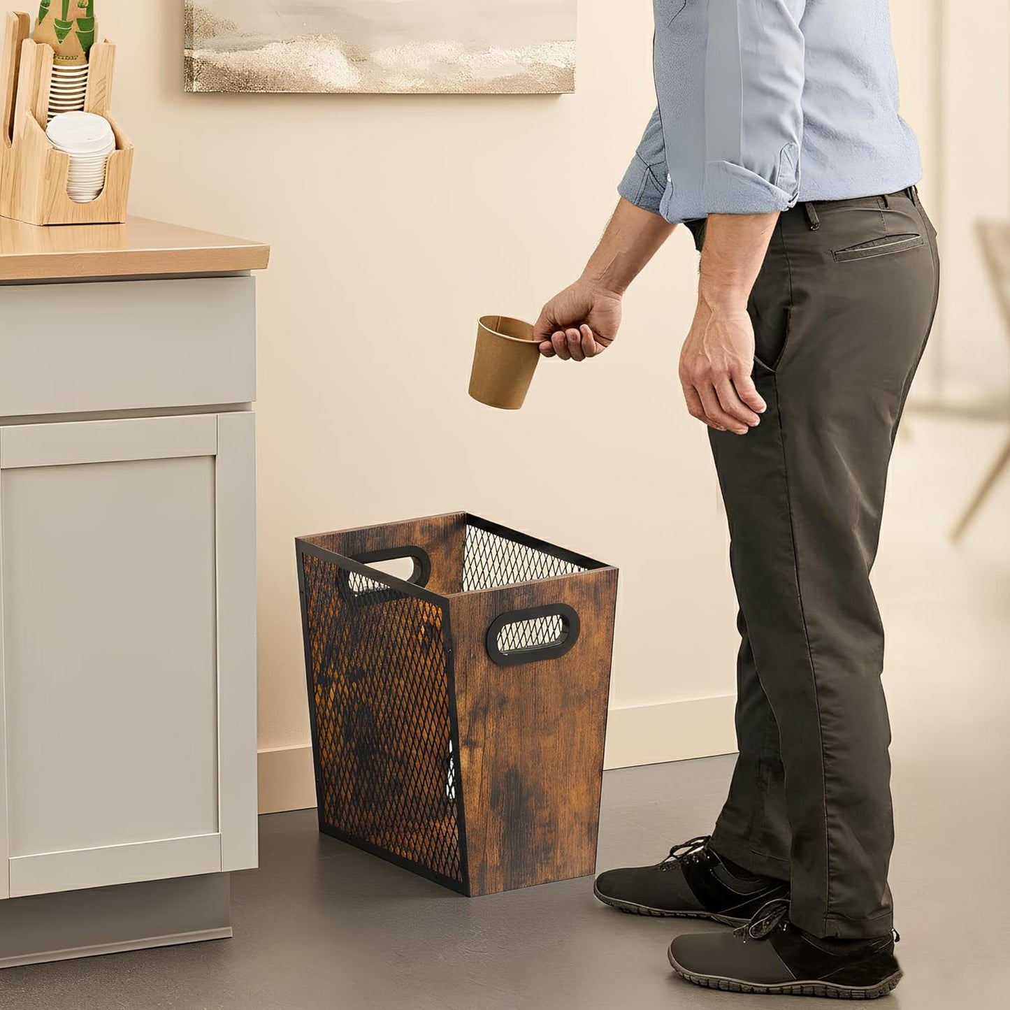 Piskyet Rustic Office Trash Can for Near Desk, 4.5 Gallon Unique Wood Bedroom Garbage Can,Vintage Wastebasket with Handle, Decorative Trash Can for Home Office,2pack 10.8" L x 7.8" W x 11.8" H