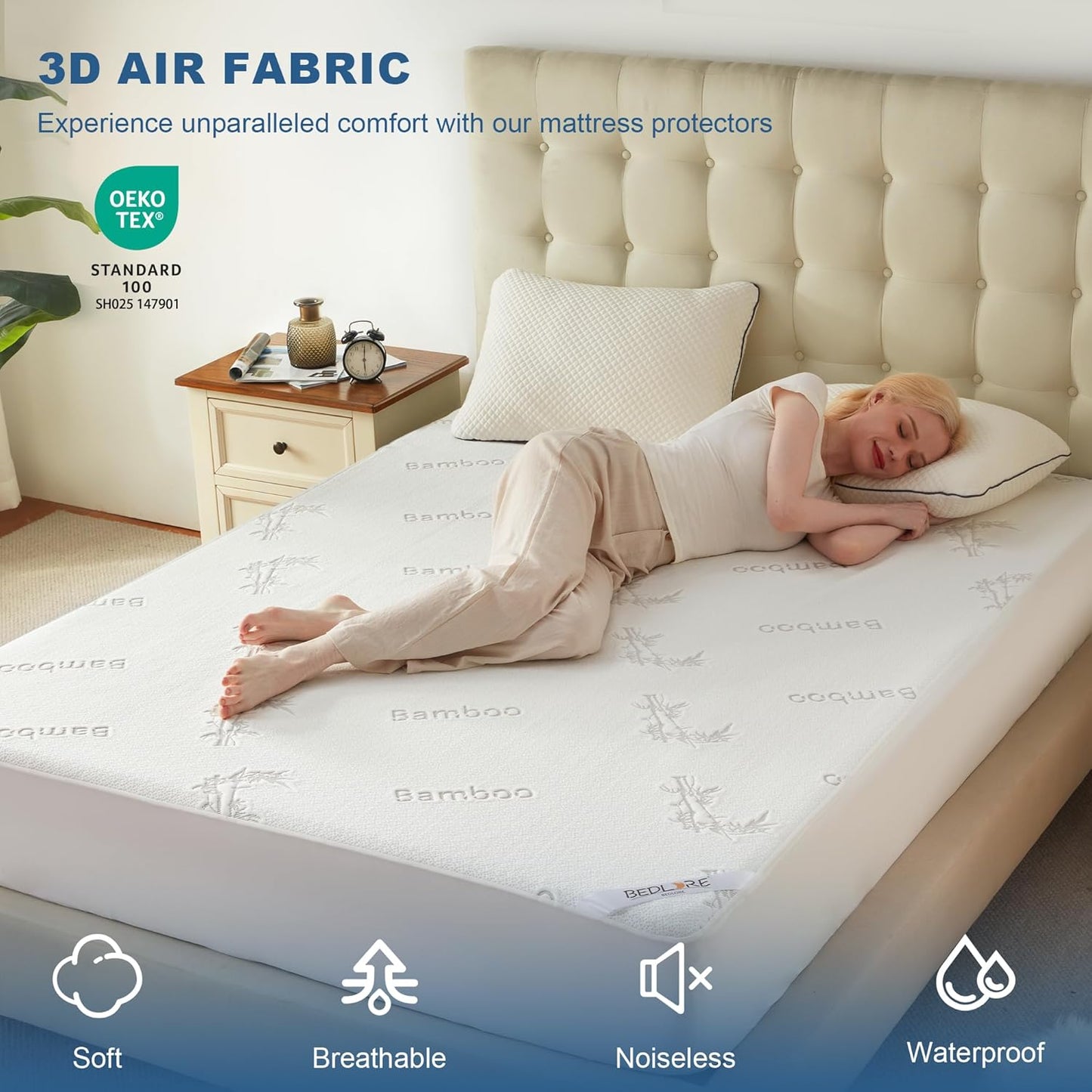 Waterproof King Size Mattress Protector, Mattress Pad Fitted 6"-18" Deep Pocket, 3D Air Fabric Bed Mattress Cover Noiseless Washable for Bedroom, Hotel