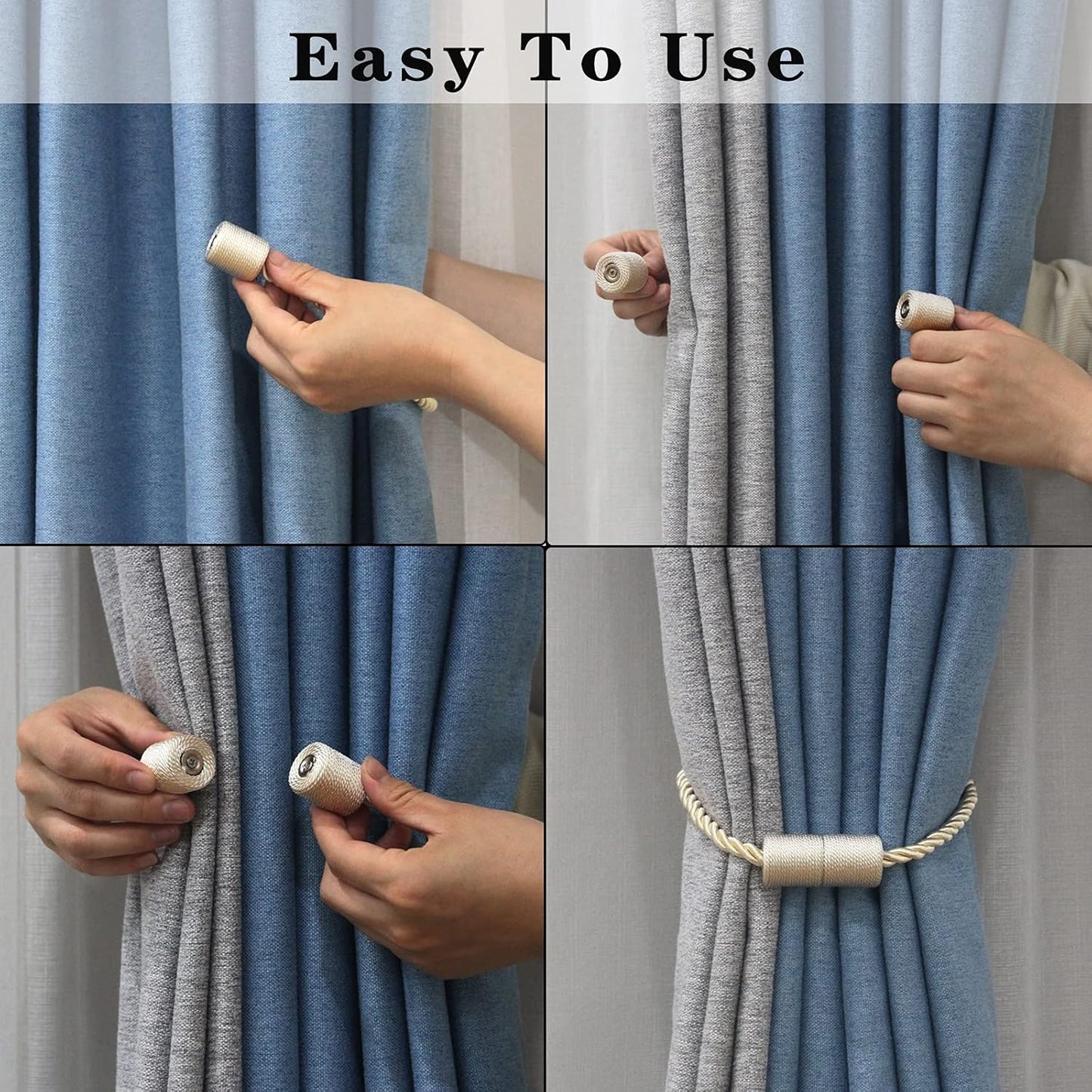 2 Pack Beige Strong Magnetic Curtain Tiebacks Outdoor Elegant Decorative Tie Backs Modern Rope Tiebacks for Drapes Window Curtain Holdbacks for Draperies