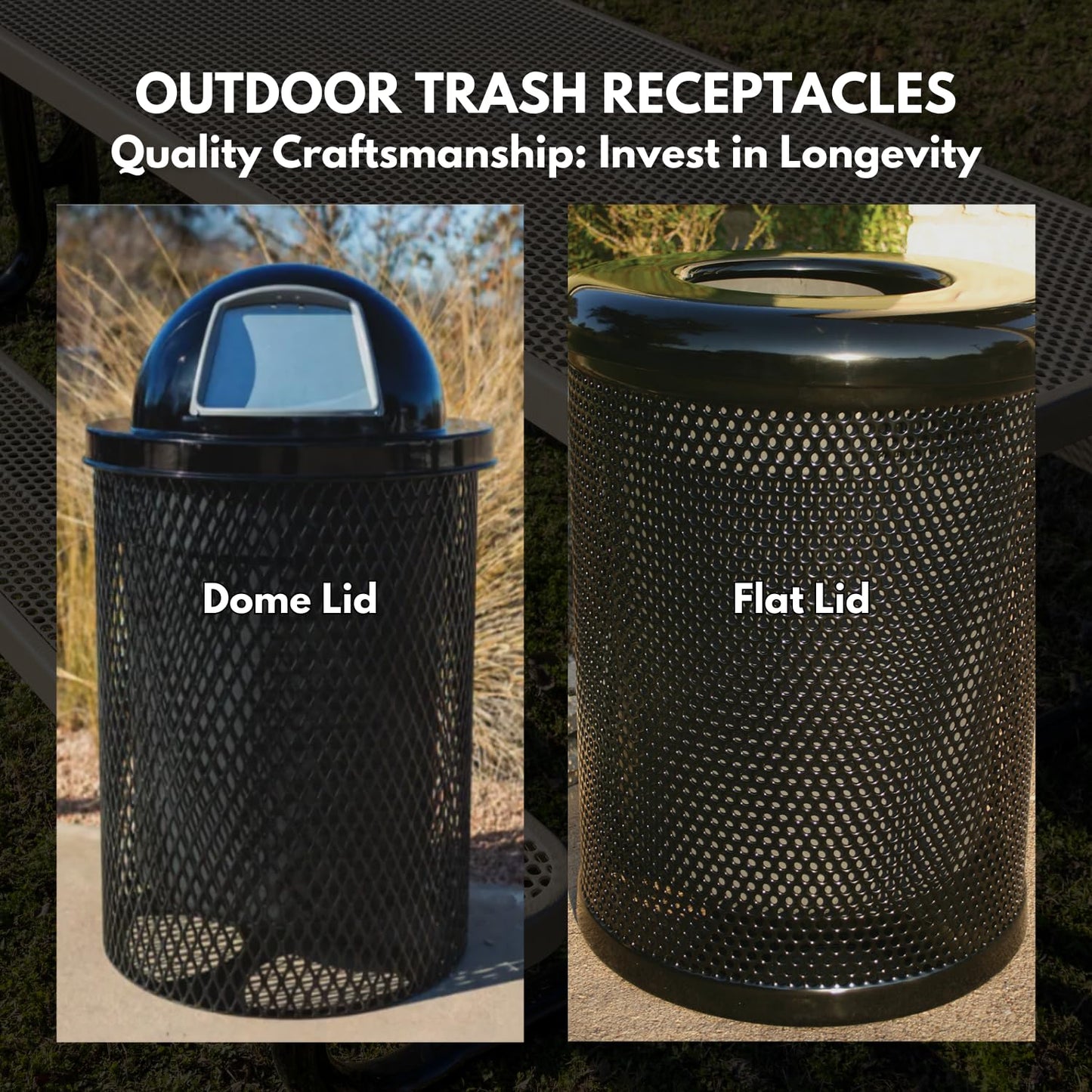 COATEDOUTDOORFURNITURE 32-Gallon Heavy-Duty Punched Steel Round Trash Receptacle, Commercial Outdoor Waste Bin with Liner & Black Dome Lid – Made in America (Textured Copper)