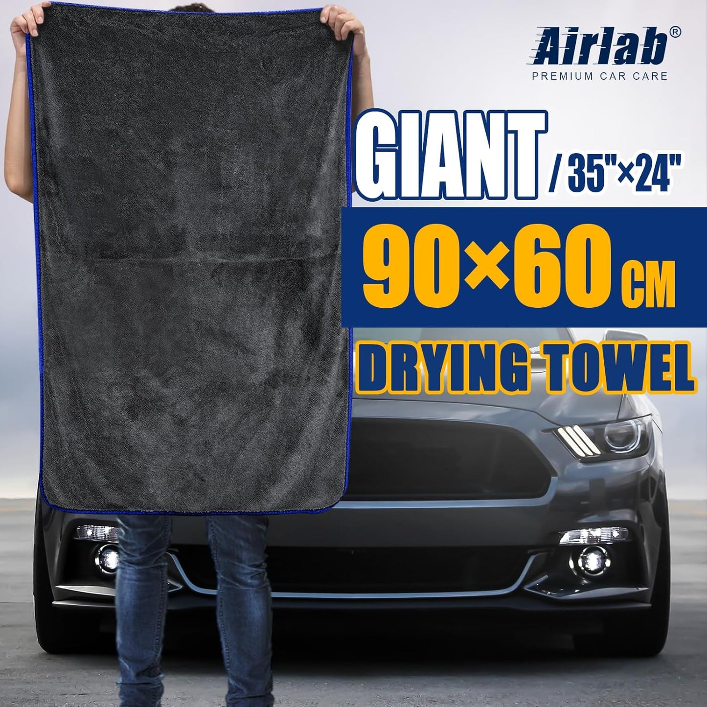 Airlab Microfiber Towels for Cars Wash Drying Extra Large Super Absorbent Cleaning Cloth Auto Detailing Ultra Soft, Lint-Free, Streak-Free, 35 x 24 Inch, Pack of 1, Grey-Blue, 600 GSM