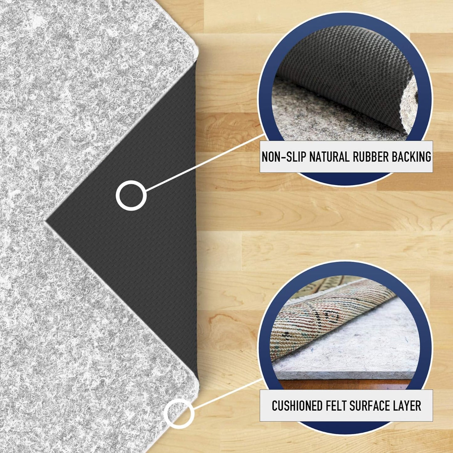 RUGPADUSA - Dual Surface - 10' Square - 1/4" Thick - Felt + Rubber - Non-Slip Backing Rug Pad - Safe for All Floors