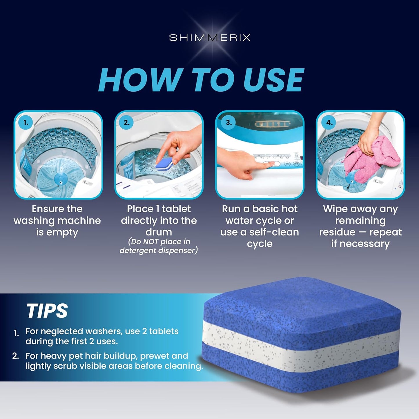 Washing Machine Cleaner Tablets for Pet Owners - Front & Top Load Washer Deep Cleaning - Septic Tank Safe - HE Support - Remove Stubborn Pet Hair - Eliminates Pet Smells - Prevents Pet Dander Build-up