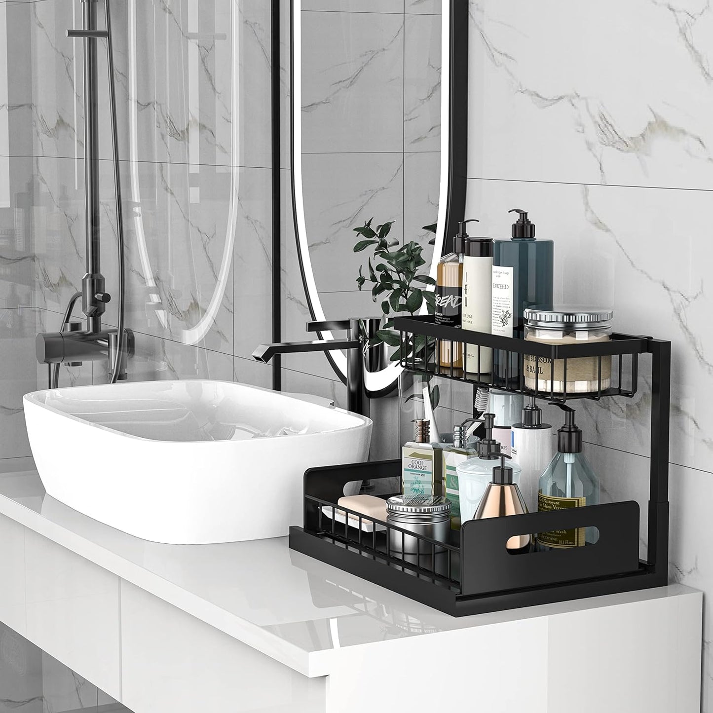 bukfen Under Sink Organizer, Pull Out Cabinet Organizer 2-Tier Slide Out Sliding Shelf Under Cabinet Storage Multi-Use for Under Kitchen Bathroom Sink Organizers and Storage