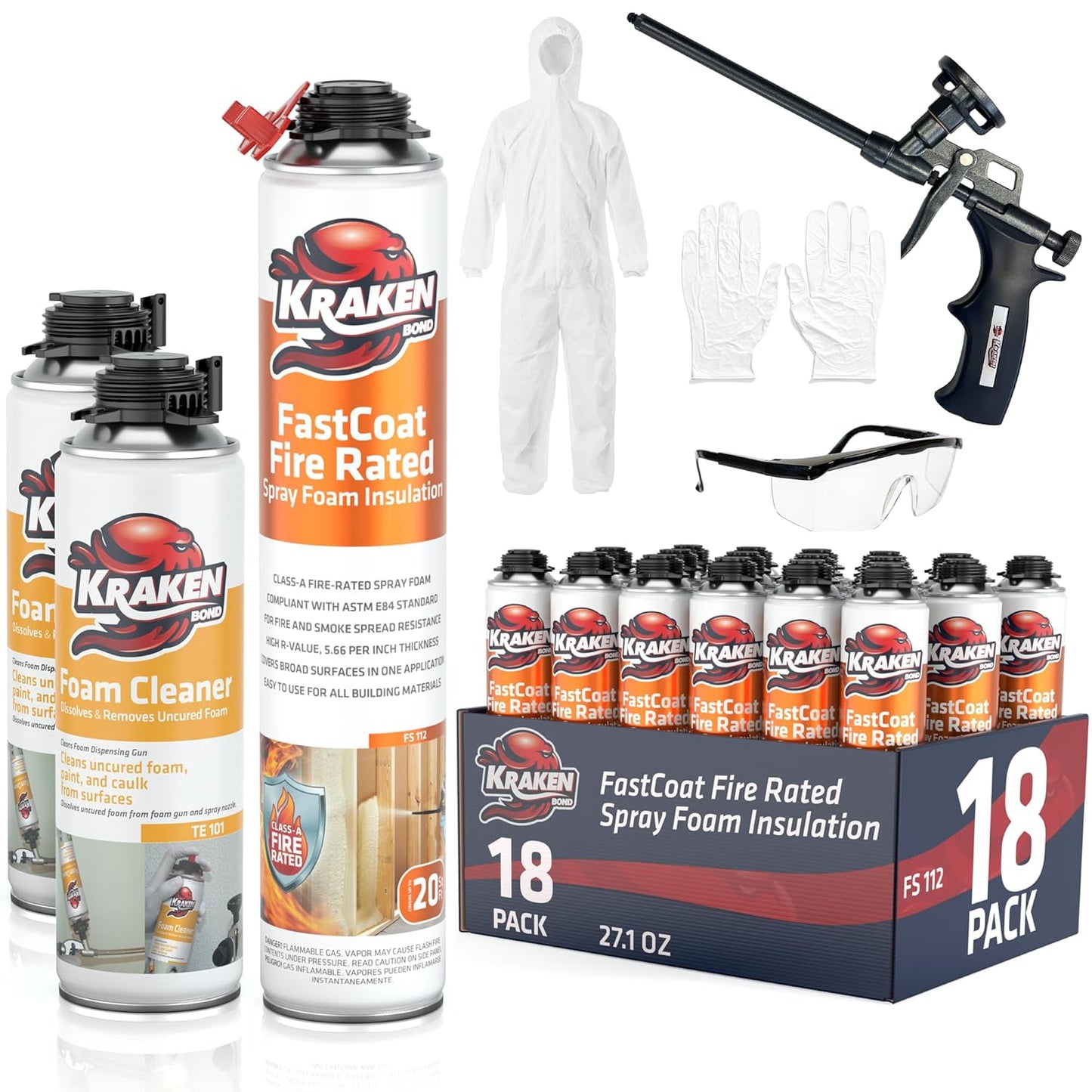 Kraken Bond Fastcoat Fire Rated Spray Foam Insulation Closed Cell in a Can 360 sq ft (18x27.1 oz.) (R-Value 11.32 / 2in) - Spray Foam for Garage Door, Attic, Wall Gun & Cleaner Included, 18 Pack