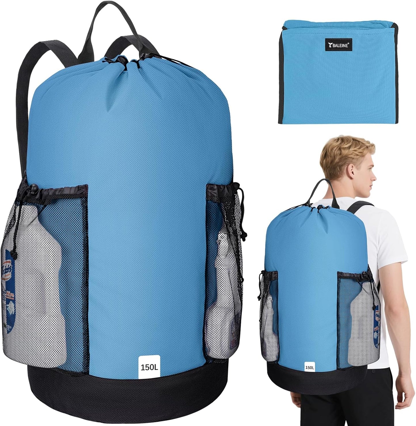 BALEINE 150L Laundry Bag Backpack, 900D Oxford Fabric Large Travel Laundry Bags with Shoulder Straps and 2 Mesh Pockets for College Dorm, Apartment, Laundromat (Blue, 150L)