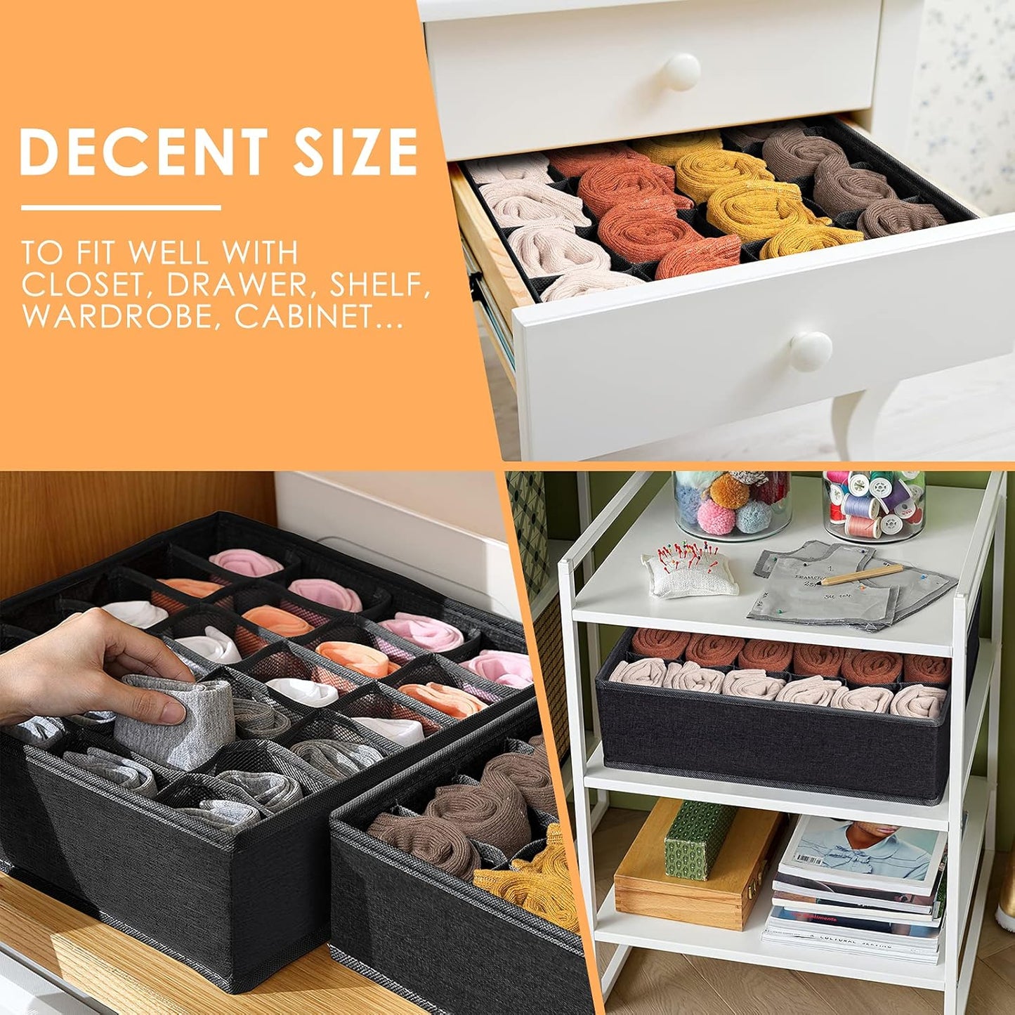 Criusia 3 Pack Sock Underwear Organizer Dividers, 64 Cell Fabric Foldable Cabinet Closet Organizers and Storage Boxes for Storing Socks, Underwear, Ties (16+24+24 Cell, Black)