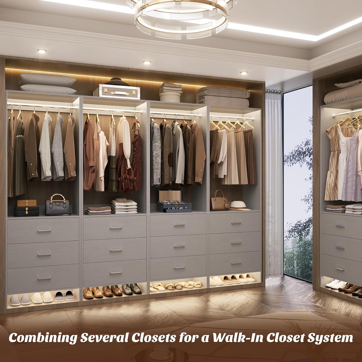Aheaplus 2FT Closet System with 3 Drawers, 24’’ Closet Organizer, Wood Closet Organizer System, Walk-in Closet or Small Closets Wardrobe, Clothes Rack with Hanging Rods,-E6, Grey