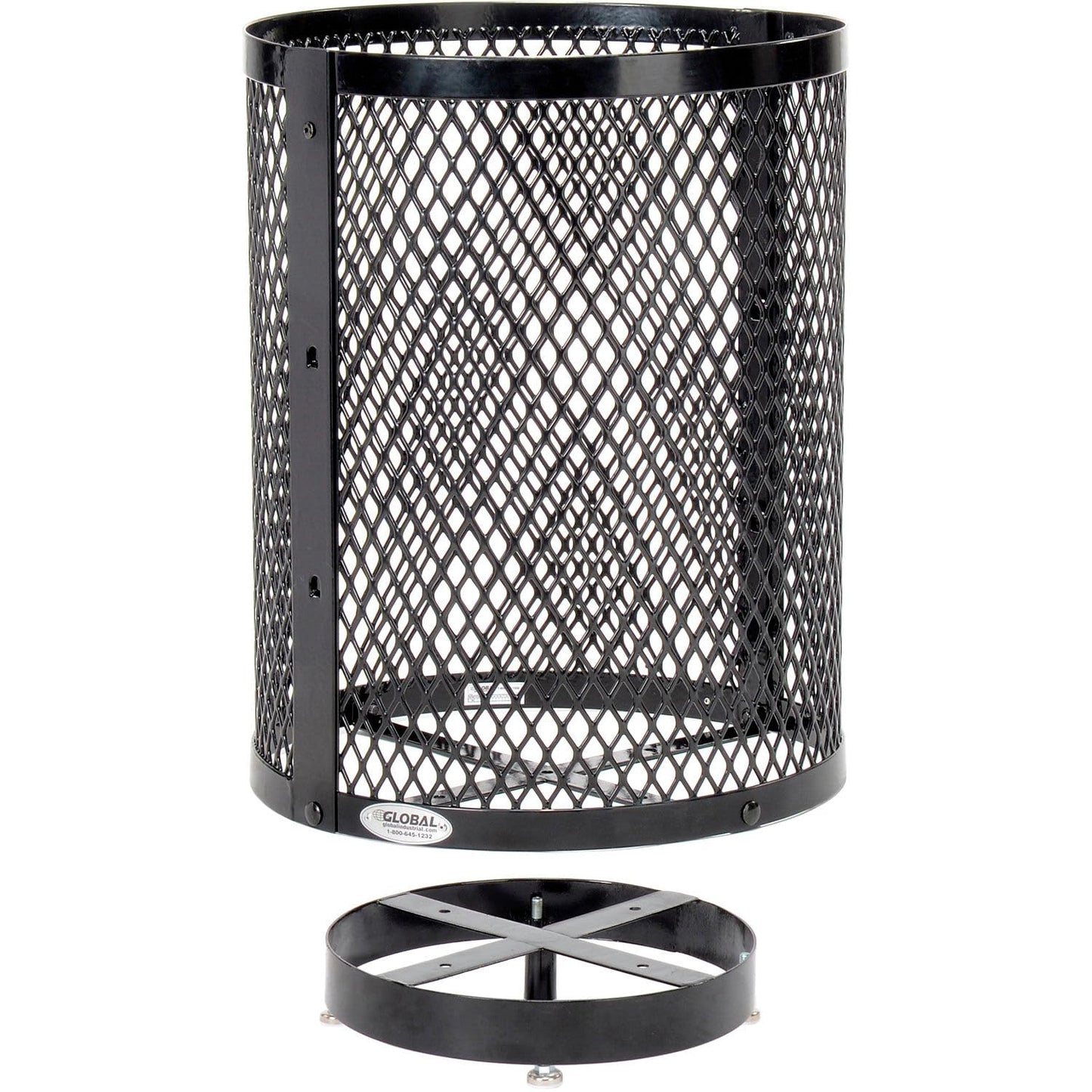Global Industrial Outdoor Diamond Steel Trash Can with Rain Bonnet Lid, Raised Base and Plastic Liner, 36 Gallon Capacity, Black, Thermoplastic Coating, 23-1/2" Diameter, 43-1/2"H