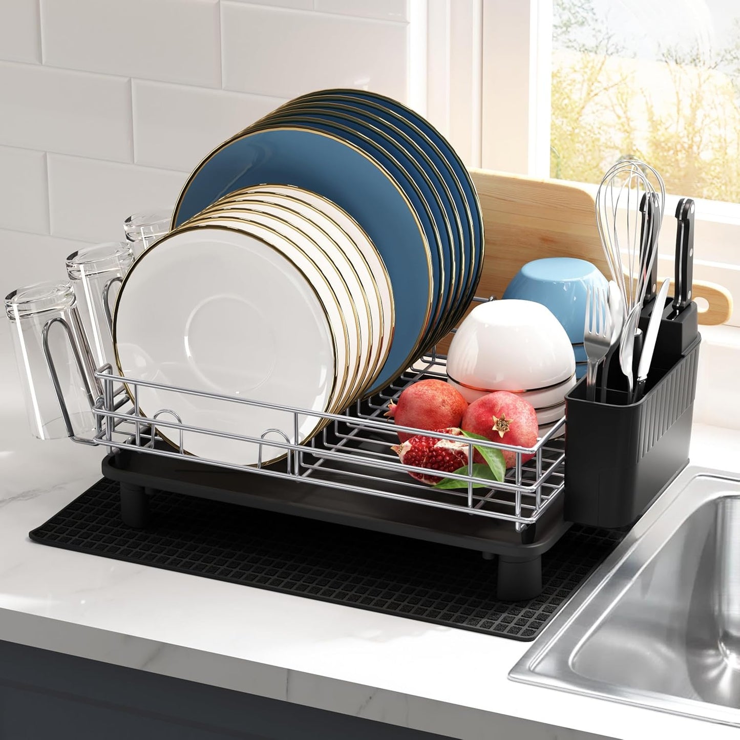 JASIWAY Stainless Steel Dish Drainers Drying Rack for Kitchen Counter with Drainboard, Rust Proof Metal, Space Saving, Modern Aesthetic, Compact Plates Strainers with Extra Mat, Silver