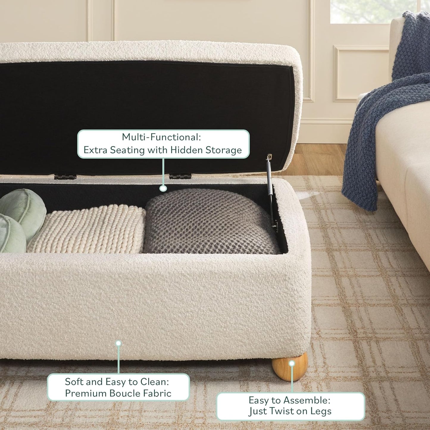 Walker Edison Linley Contemporary Large Storage Bouclé Ottoman with Wood Legs, Ivory