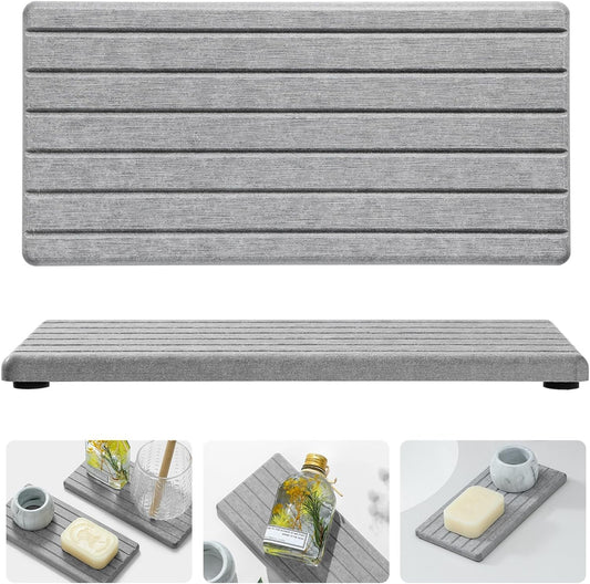 2PCS Instant Dry Diatomite Stone Counter Makeup Tray Organizer, Fast Drying Caddy Kitchen Sponge Holder Mat, Bathroom Vanity Toothbrush Bottle Dispenser Soap Dish Rack, Light Gray, 8"x 3.8"