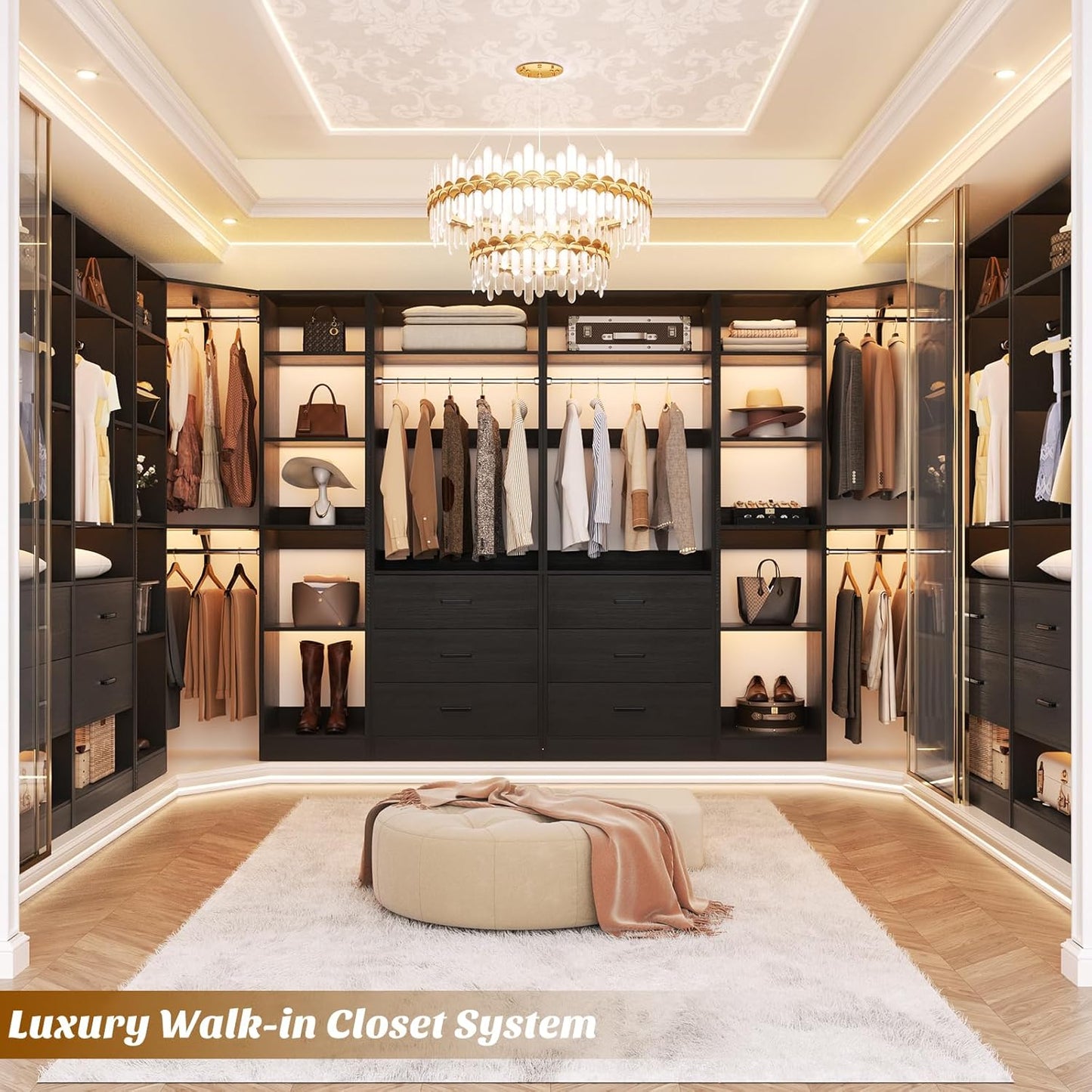 Corner Closet System with 3 Drawers, Corner Closet Organizer System with 13 Shelves & 3 Hanging Rods, 63.2"L * 39.2"W Reversible L Shaped Walk-in Closets, Load 2000+LBS, Black
