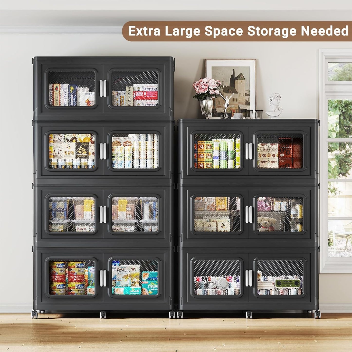 BROVIEW 880 Qt Stackable Storage Bin with Lid, 220Gal Extra Large Collapsible Storage Boxes, Folding Plastic Drawer, Heavy-Duty Store Cabinet, Closet Organizer for Home Kitchen, 4 Pack Black