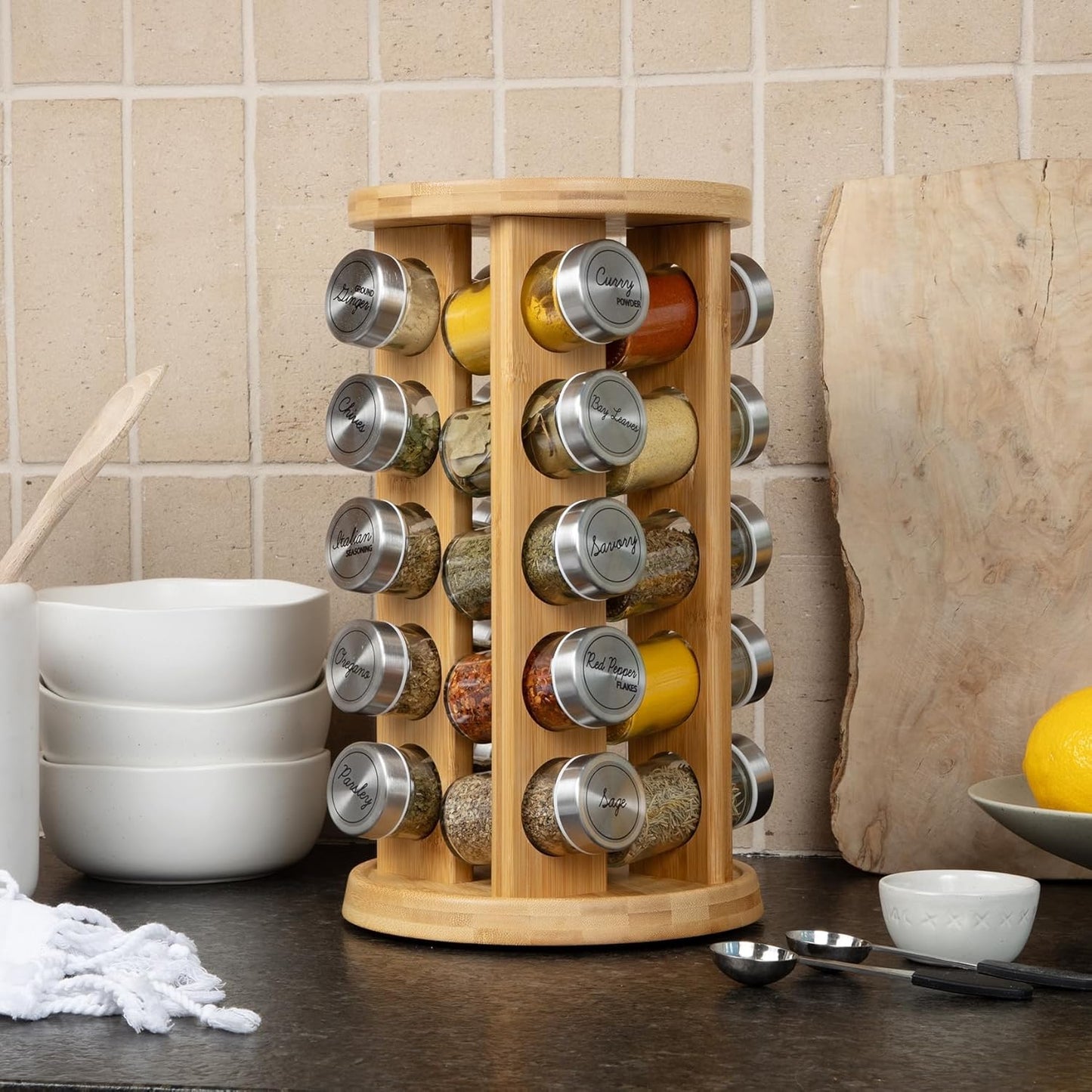 Orii 20 Jar Bamboo Spice Rack with Spices Included - Rotating Tower Organizer for Kitchen Spices and Seasonings, (Bamboo Wood)