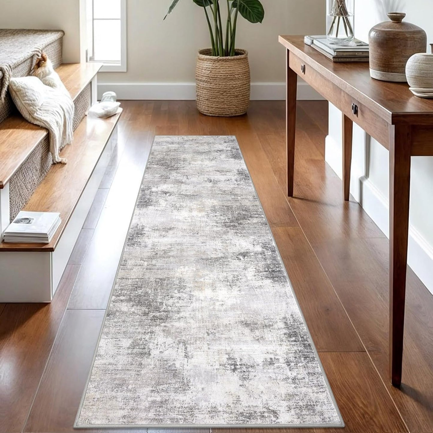 IOHOUZE Abstract Runner Rug 2x8 Ft Washable Runners for Hallways, Non Slip Kitchen Runner Printed Faux Wool Entryway Runner Indoor, Modern Abstract Floor Carpet for Hall Kitchen Bedroom, Grey Beige