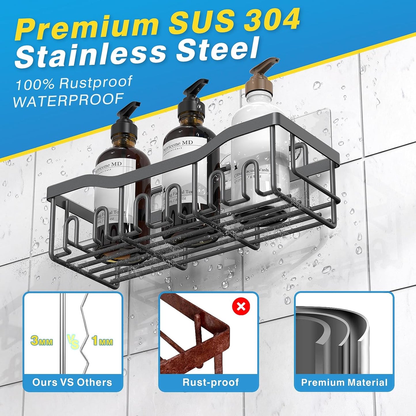 EUDELE 5-Pack Rustproof Stainless Steel Shower Caddy – No Drill Adhesive Bathroom Organizer with Large Capacity, Spacious Shower Shelves for Inside Shower, Kitchen & Home Decor Storage-XL Size