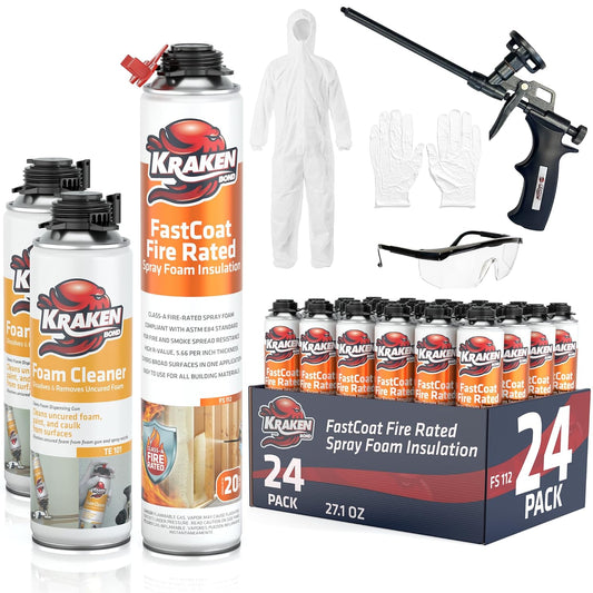Kraken Bond Fastcoat Fire Rated Spray Foam Insulation Closed Cell in a Can 480 sq ft (24x27.1 oz.) (R-Value 11.32 / 2in) - Spray Foam for Garage Door, Attic, Wall Gun & Cleaner Included, 24 Pack
