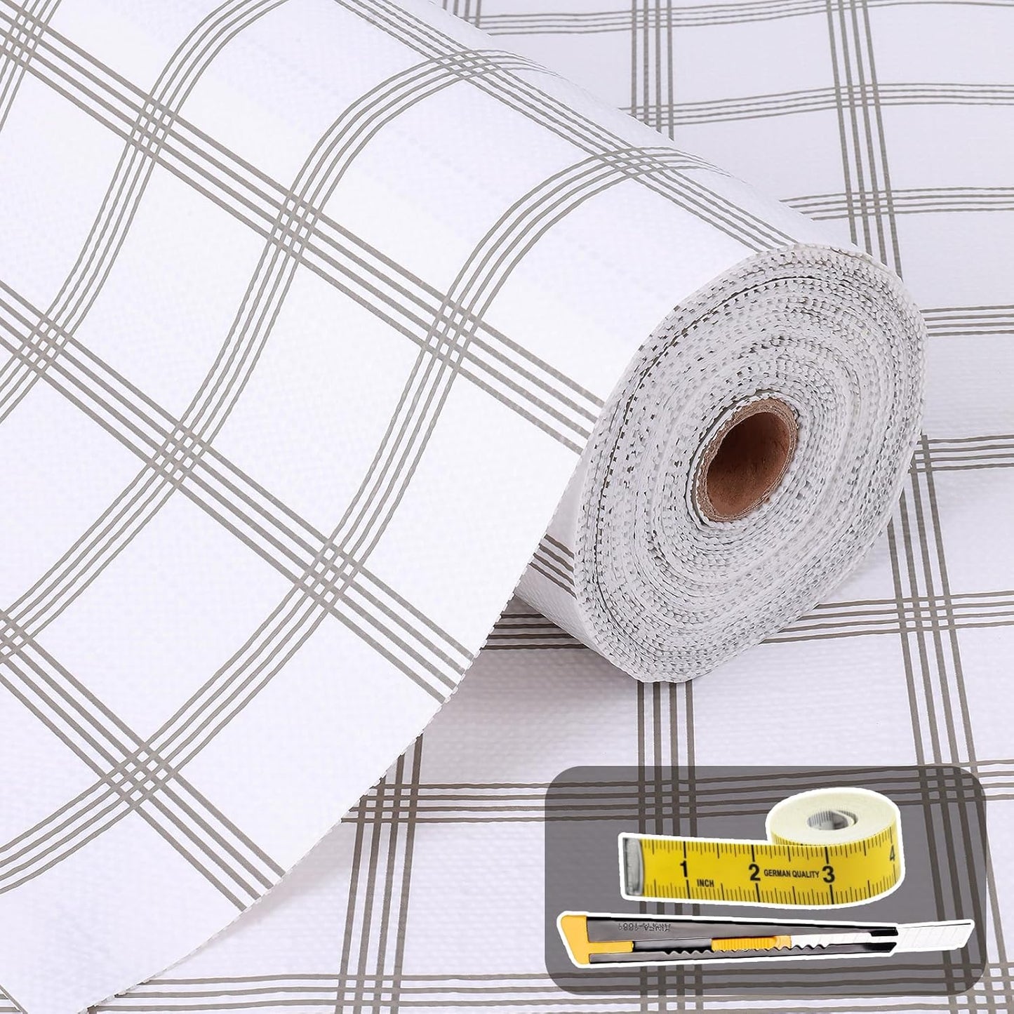 Shelf Liner for Kitchen Cabinets Non Adhesive Drawer Liner Non-Slip Thickened Shelf Liner Paper Strong Easy to Clean for Tool Box Refrigerator with Knife and Tape Measure, White Square, 11.8 x 236 in