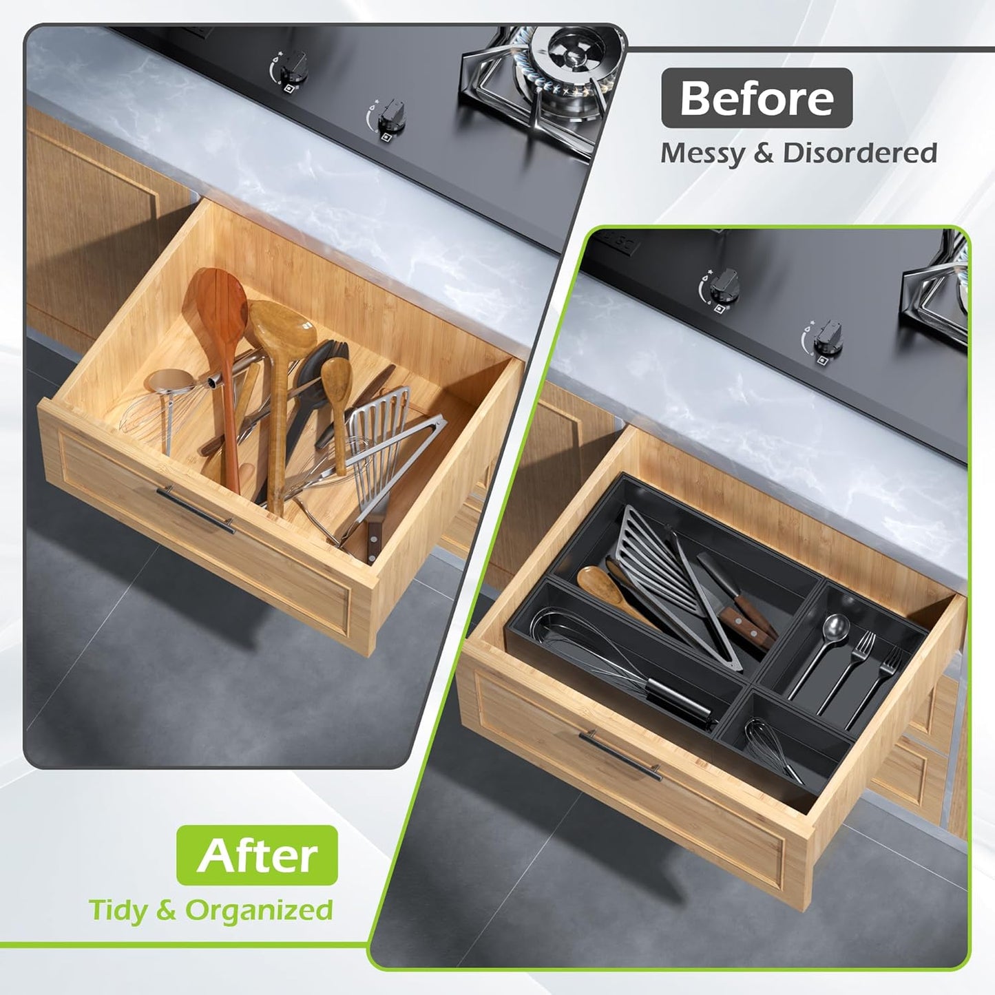 Bathroom Drawer Organizer Trays, Bamboo Drawer Organizer Kitchen Utensils Silverware Organizer, 8 PCS Wood Box Stackable Bins for Makeup, Office Desk, Junk Drawer (Black)