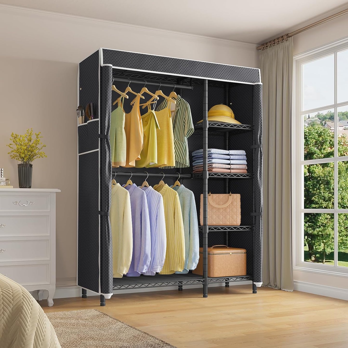 VIPEK V7C Garment Racks with Cover Portable Closets for Hanging Clothes, Heavy Duty Clothes Rack with Shelves Metal Closet Wardrobe, Max 670lbs, Black Rack with Black Upgraded Polyester Cover