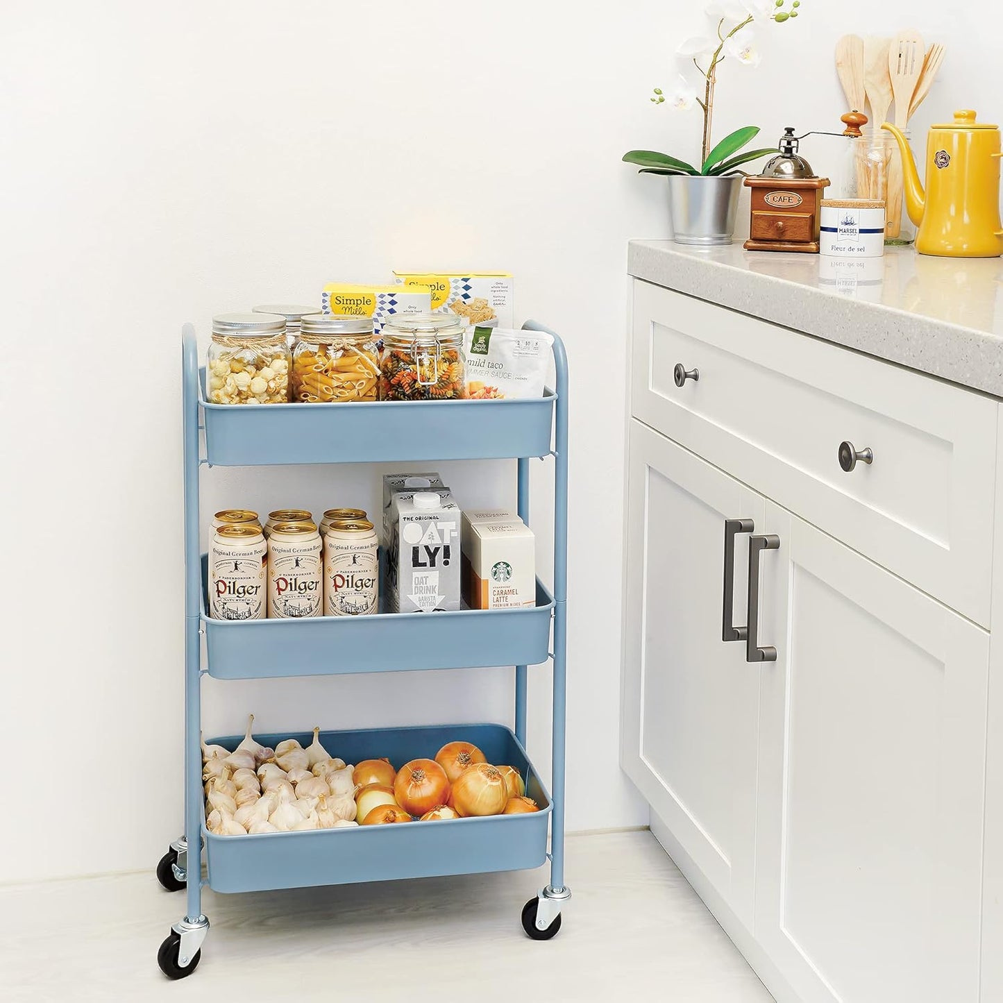 CAXXA 3-Tier Rolling Metal Storage Organizer - Mobile Utility Cart with Caster Wheels, Blue
