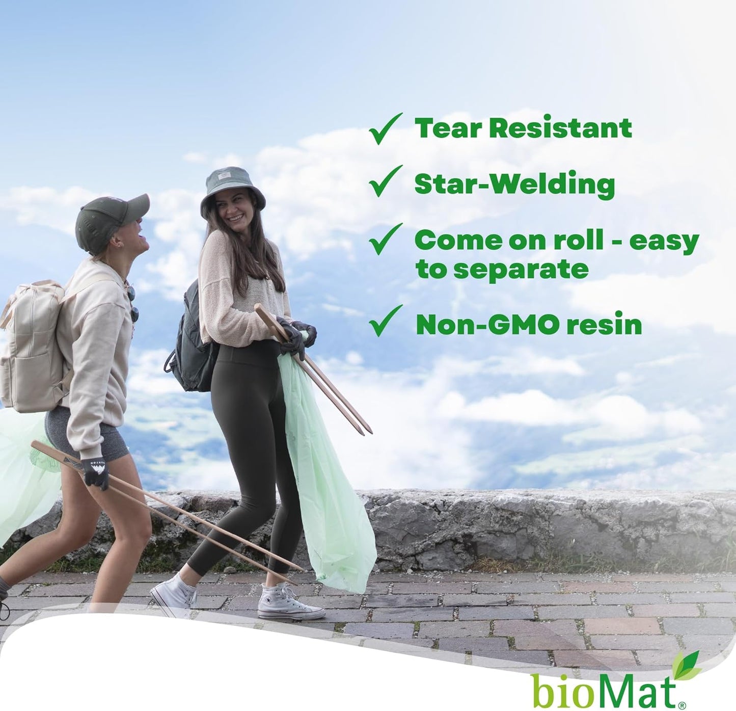 bioMat 3 Gallon Compost Bags with Handle Ties, 125 Count, Compostable Trash Bags BPI ASTM D6400 and CMA Certified