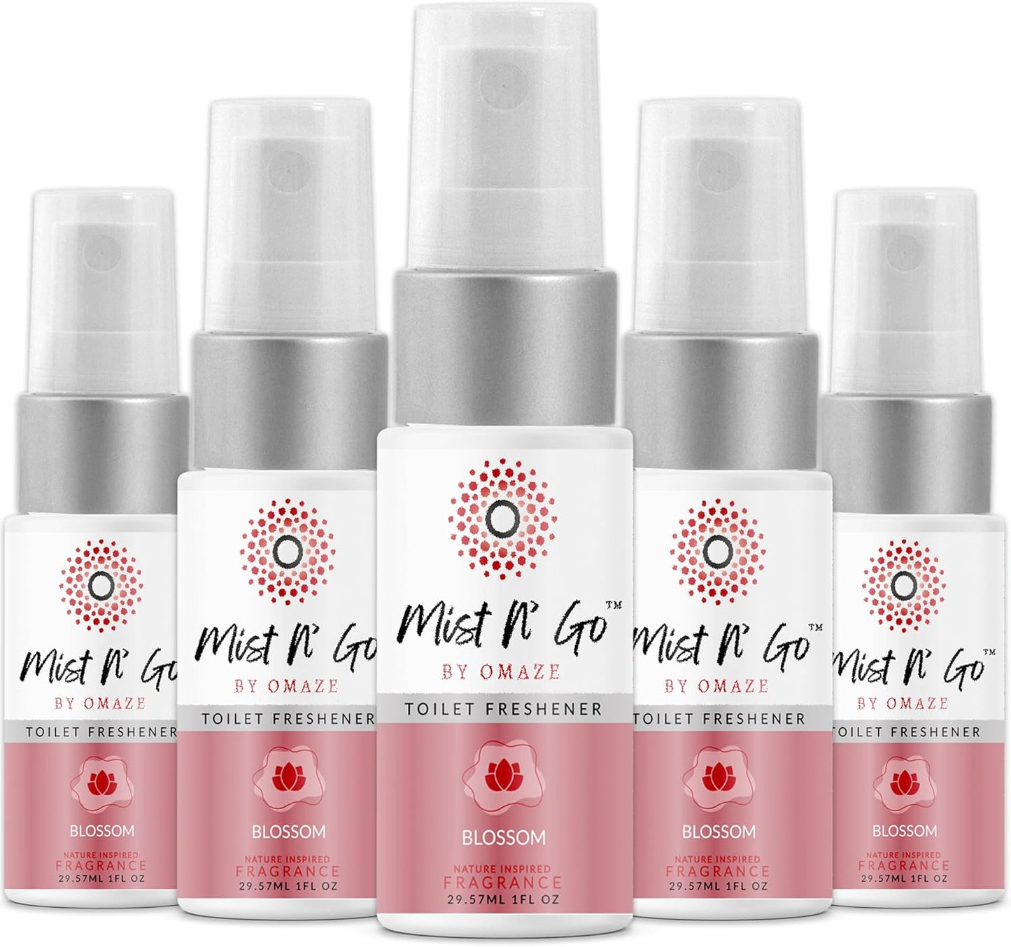 Mist N’ Go by Omaze Travel Bathroom Spray for Toilet Spray Odor Eliminator - Travel Toilet Spray for Bathroom Air Freshener Spray for Bathroom Deodorizer - Blossom Travel Size (1oz x5)