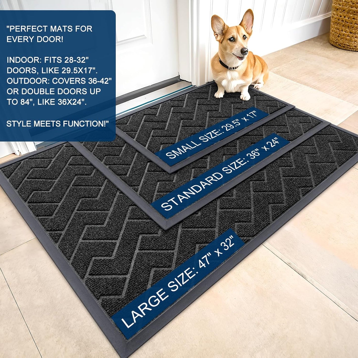 OLANLY Front Door Mat Indoor Outdoor Entrance, Waterproof All-Season, All-Weather Doormat, Sturdy Natural Rubber, Low Profile, Easy Clean Patio Porch Entryway Mat, Herringbone Brick (Black, 59x23)