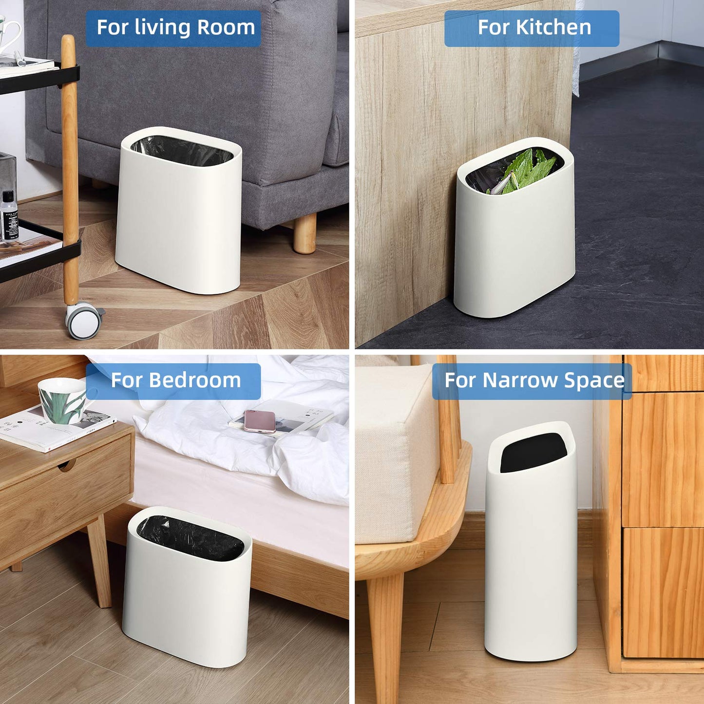 SUBEKYU 2.3 Gal Trash Can for Bathroom,Small Office Garbage Can for Kitchen,Slim Rectangular Waste Bin,Plastic,White